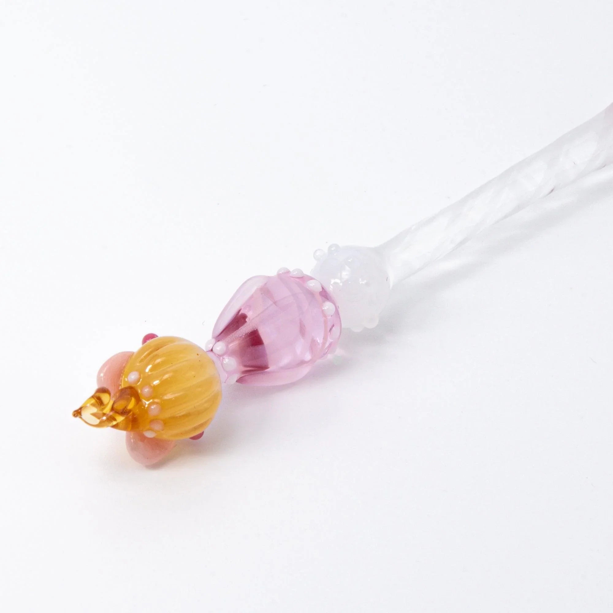 Lovery-Chan glass dip pen with blonde female character and pink glass heart pattern design with handle detail and decorative