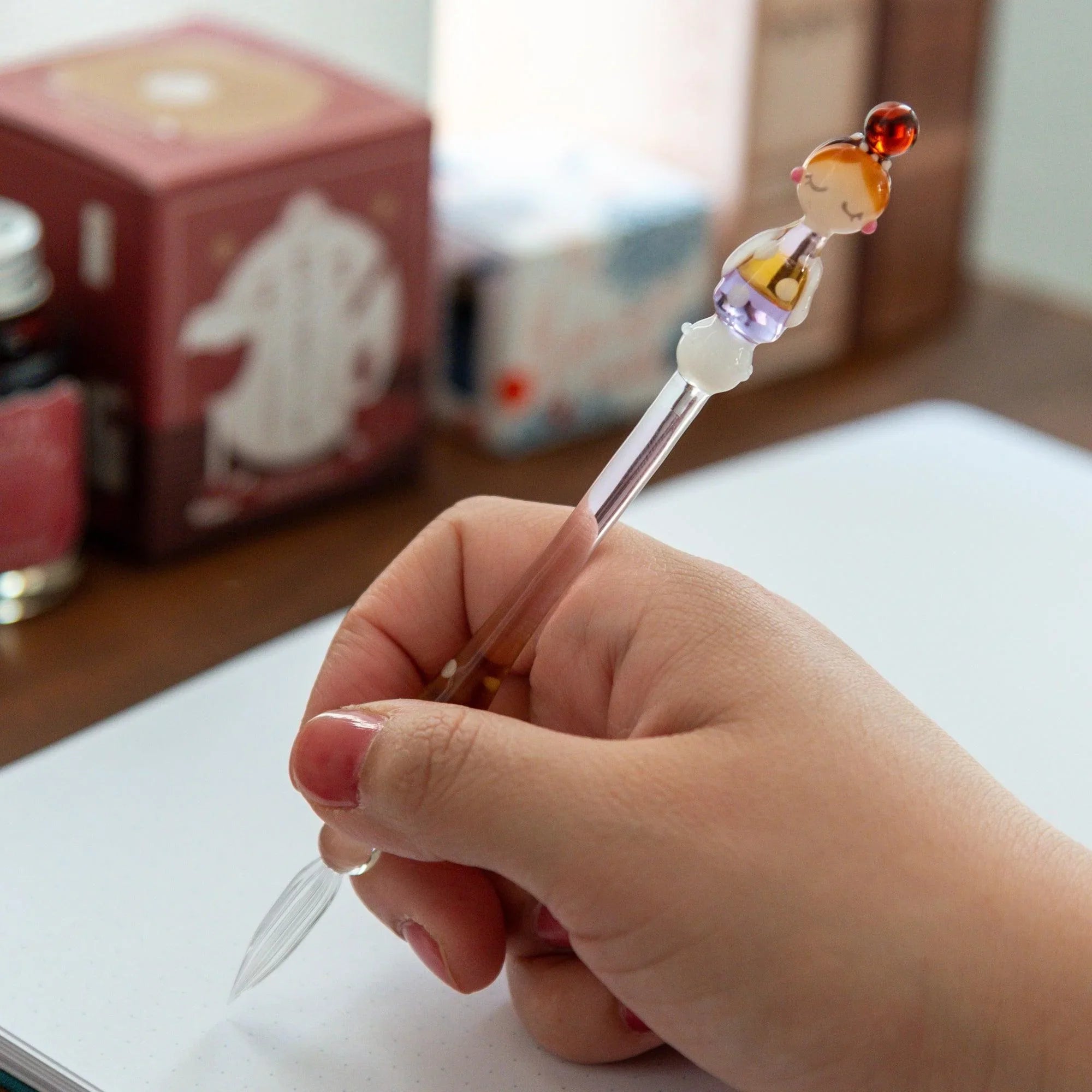 Marun-Chan polka-dot pattern glass dip pen full length with yellow and purple spots design with handle detail and decorative