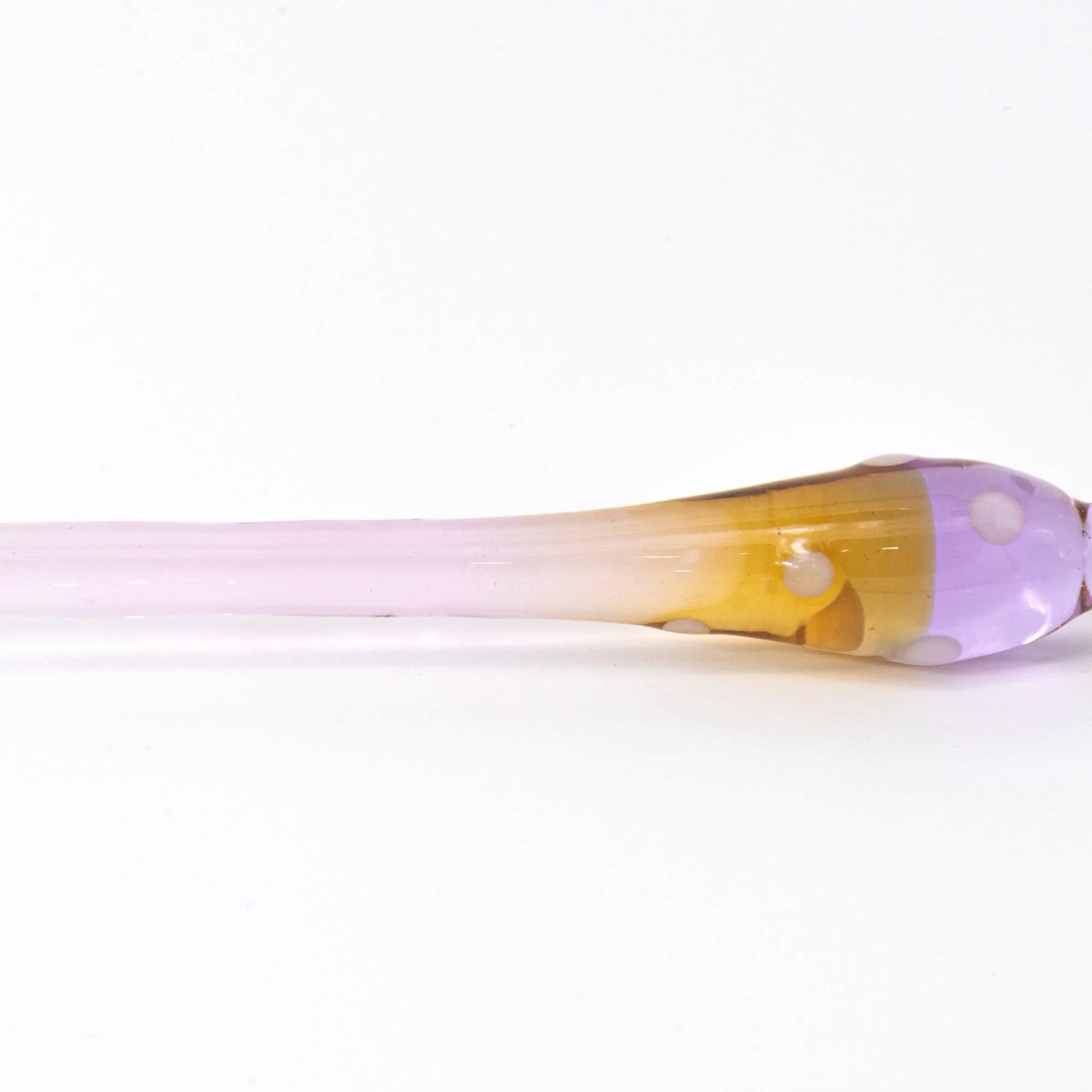 Marun-Chan glass dip pen with purple glass bulb, white polka dots, yellow gradient, pink barrel with handle detail and
