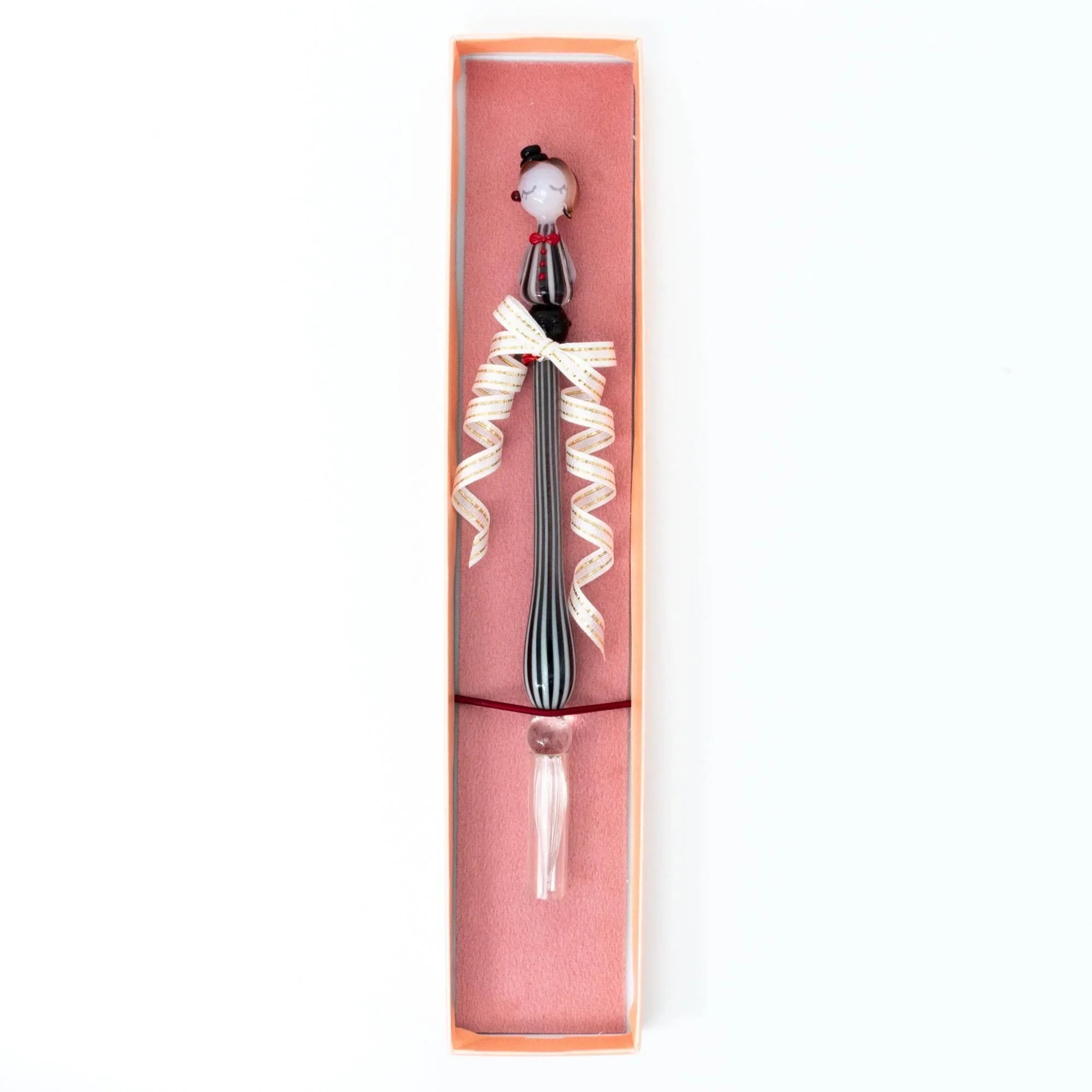 Moga-Chan stripe glass dip pen featuring dark striped glass barrel and fashionable character nib head design detail