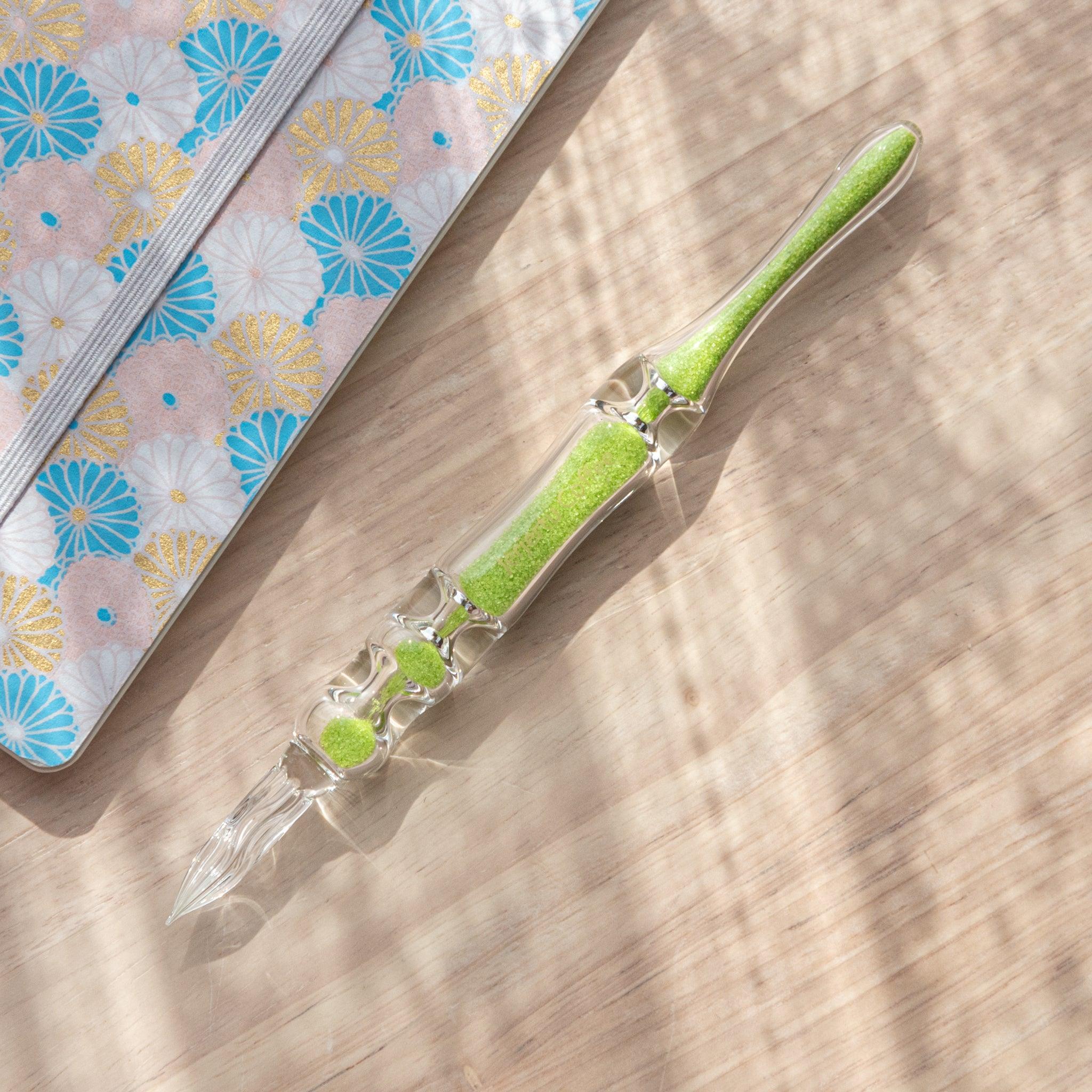 Fresh Green Hourglass Glass Dip Pen with vibrant green-tinted glass chambers in hourglass shape and botanical design