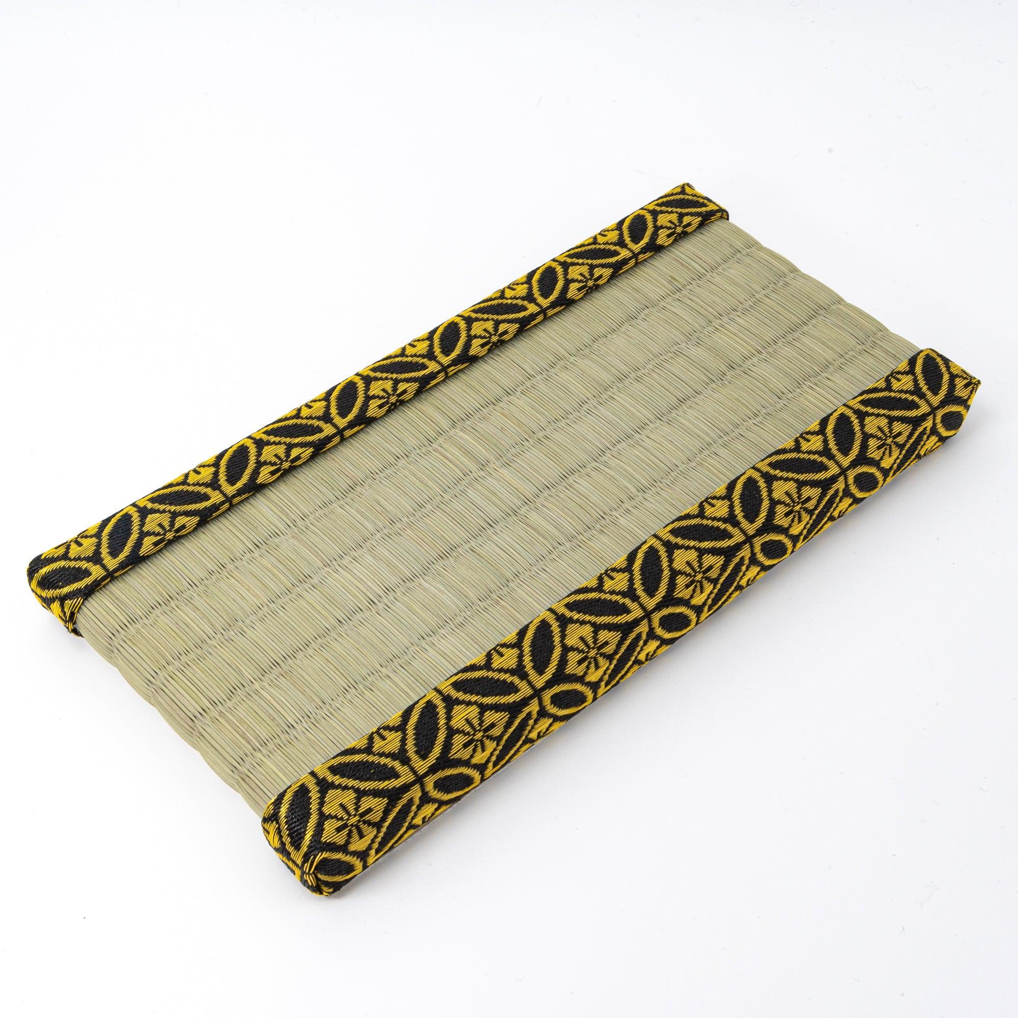Straw weave tray with gold brocade sides featuring shippo pattern border trim decoration throughout visible