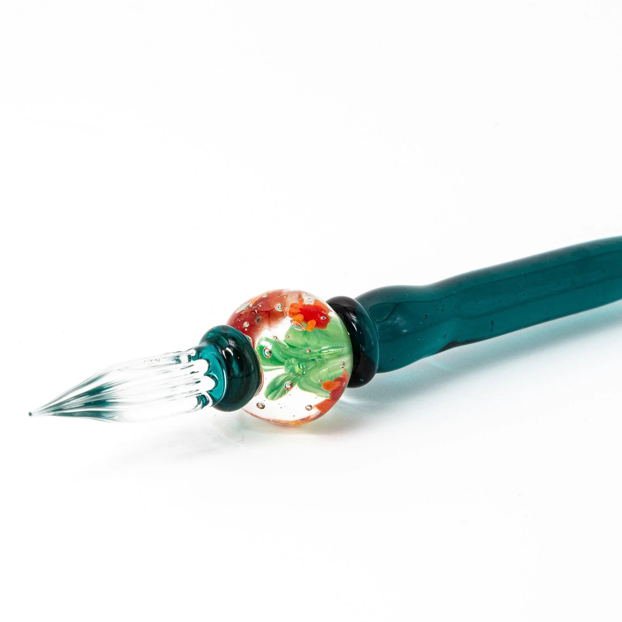 Japanese glass dip pen with lifelike goldfish aquarium barrel scene featuring orange fish and underwater plants
