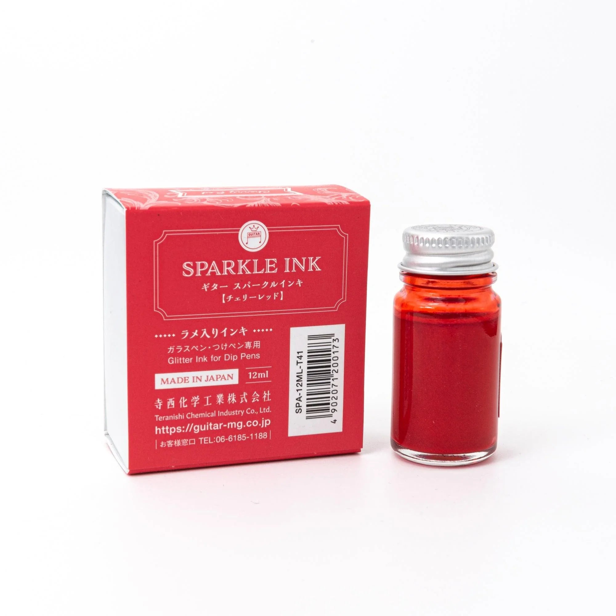 Guitar Sparkle Cherry Red ink bottle with shimmer metallic effect for Japanese writing featuring traditional Japanese design