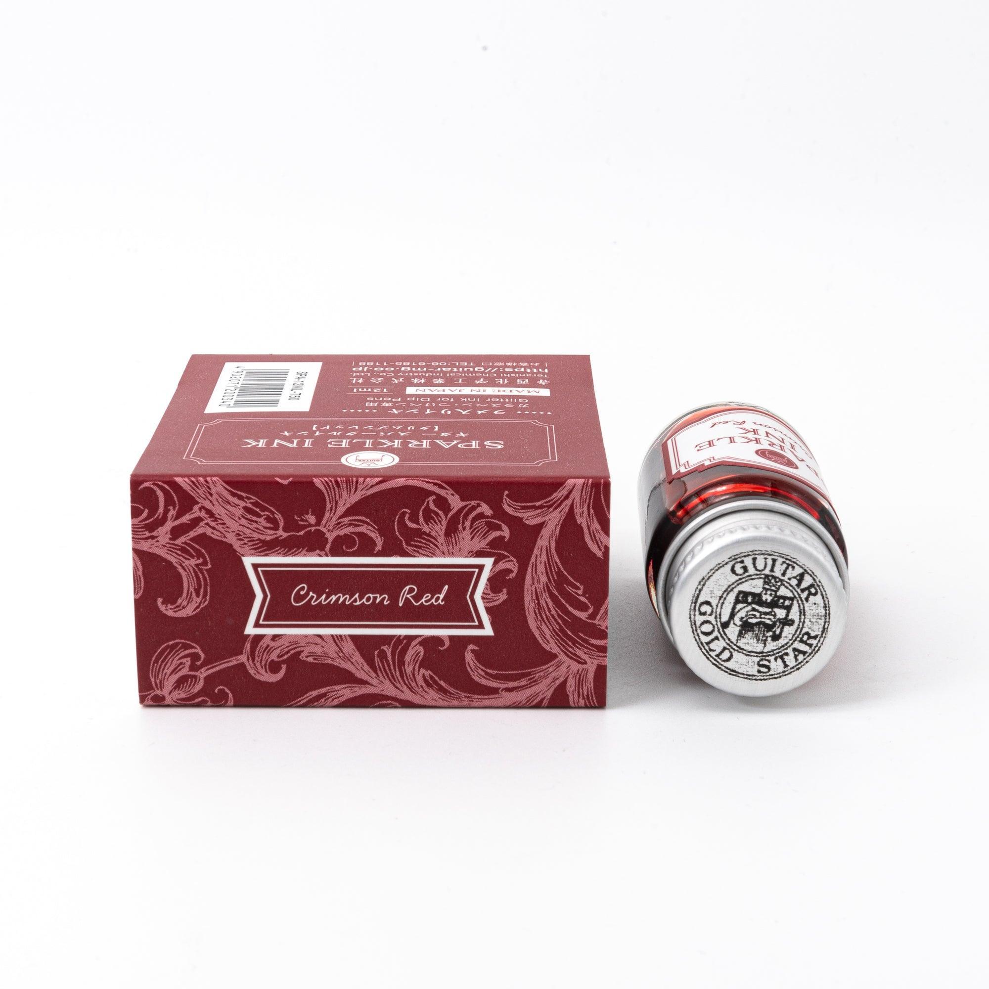Shimmer ink Crimson Red Guitar Sparkle bottle with pearl pigment effect for calligraphy featuring traditional Japanese design