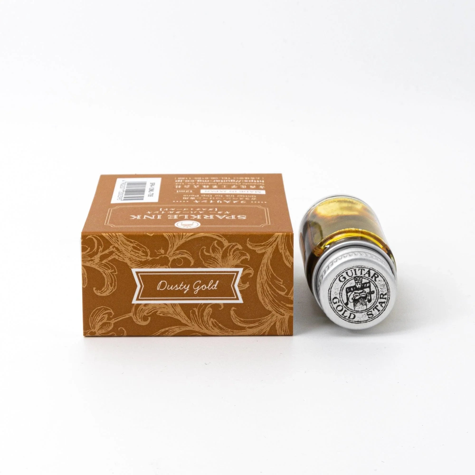 Shimmer ink Dusty Gold Guitar Sparkle bottle with pearl pigment effect for calligraphy featuring traditional Japanese design