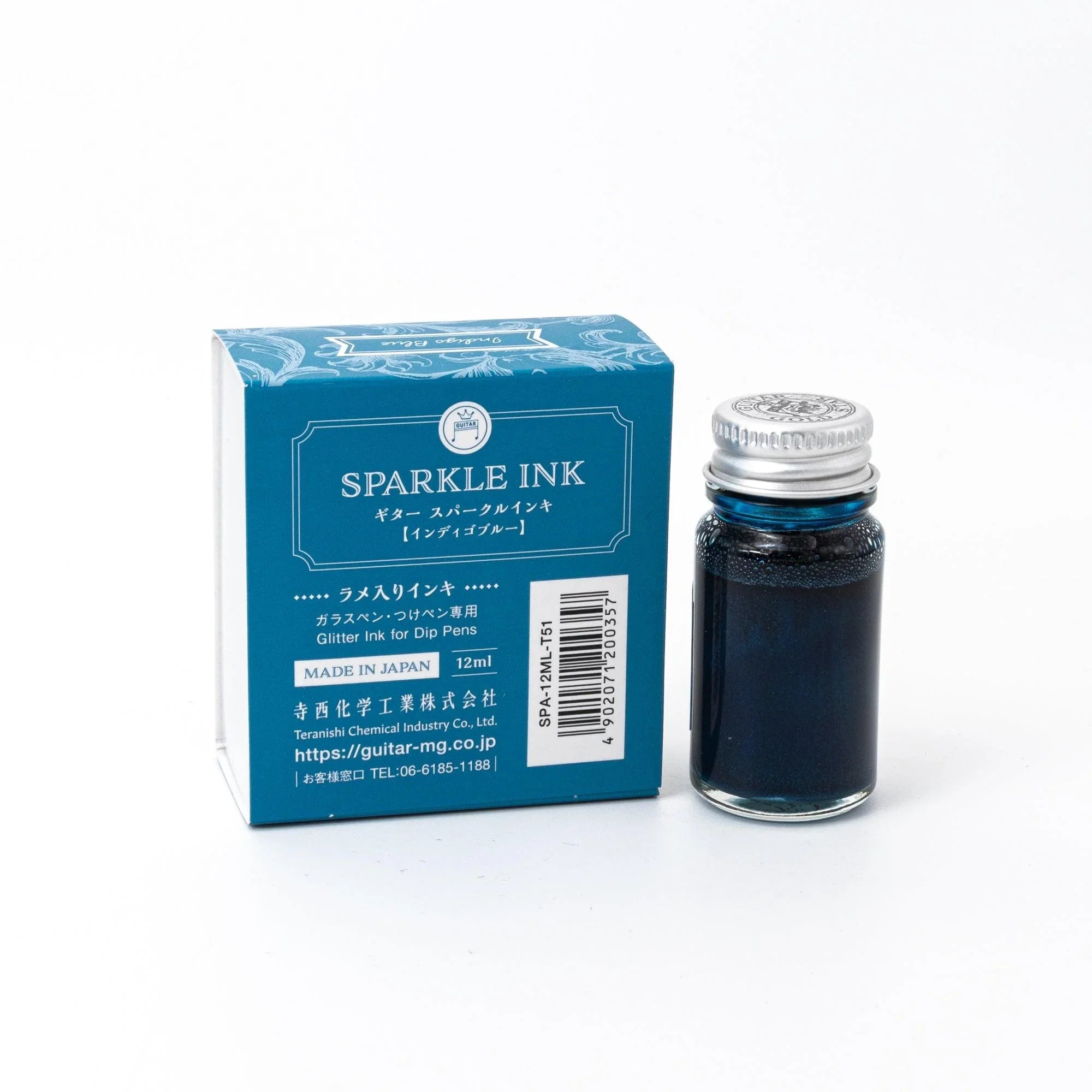 Guitar Sparkle Indigo Blue ink bottle with shimmer metallic effect for Japanese writing featuring traditional Japanese design