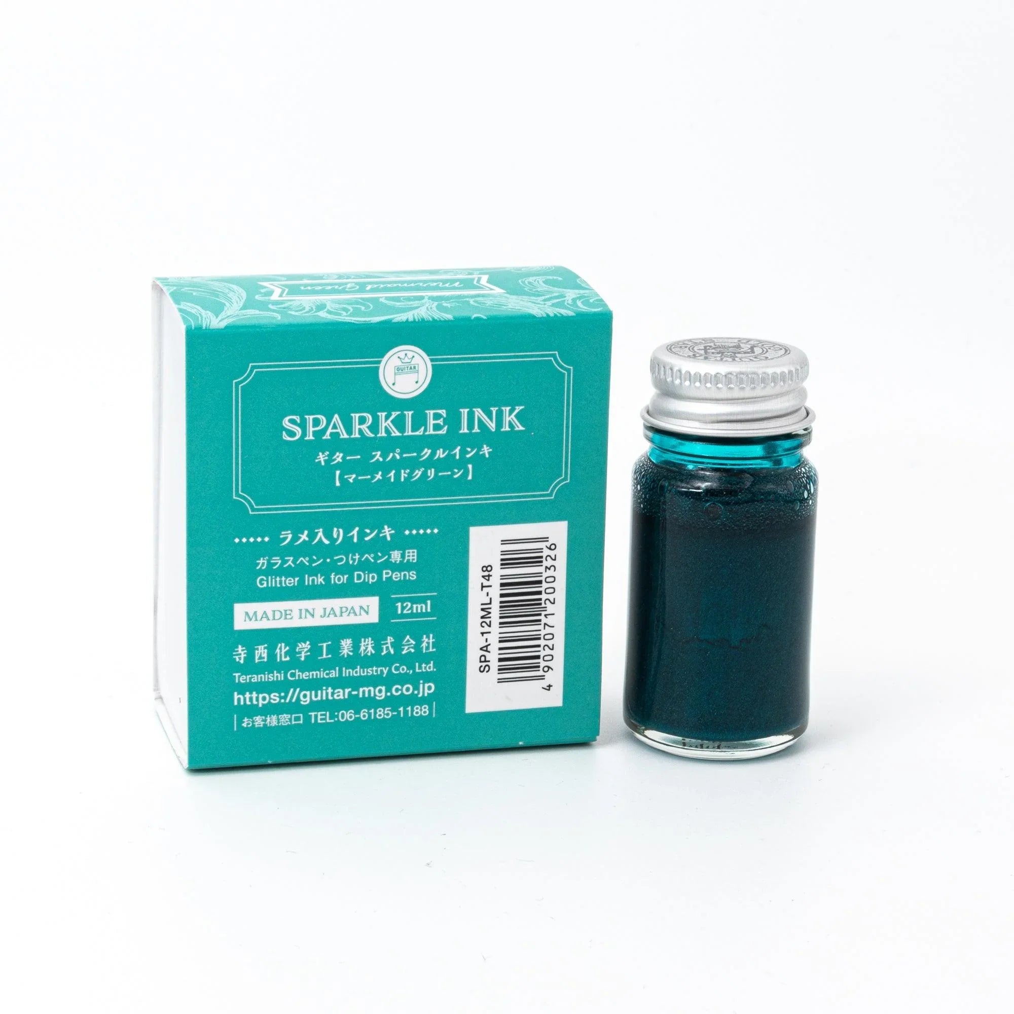 Guitar Sparkle Mermaid Green ink bottle with shimmer metallic effect for Japanese writing with quality binding and paper