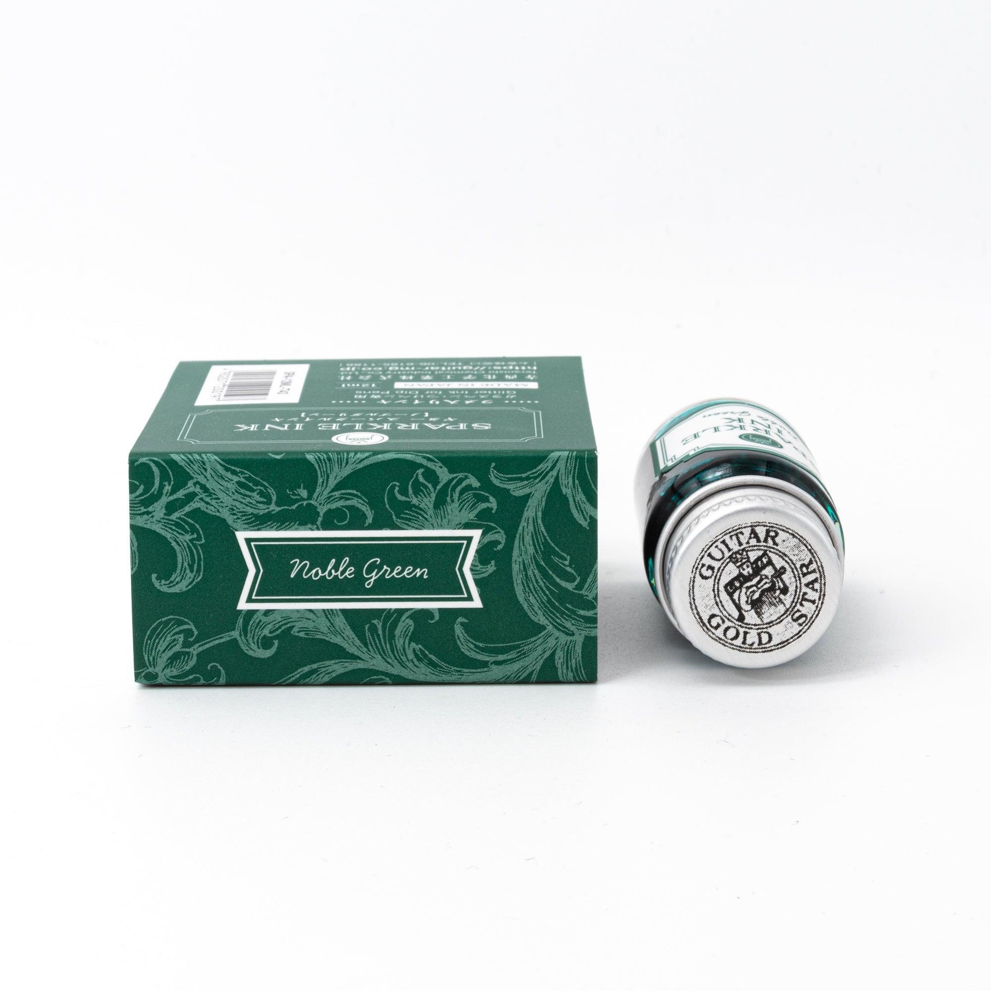Shimmer ink Noble Green Guitar Sparkle bottle with pearl pigment effect for calligraphy featuring traditional Japanese design