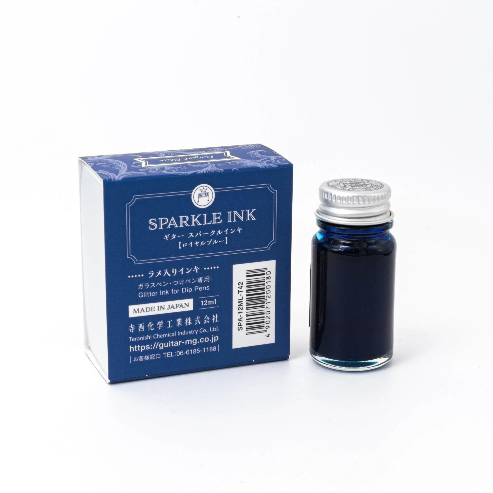 Guitar Sparkle Royal Blue ink bottle with shimmer metallic effect for Japanese writing featuring traditional Japanese design