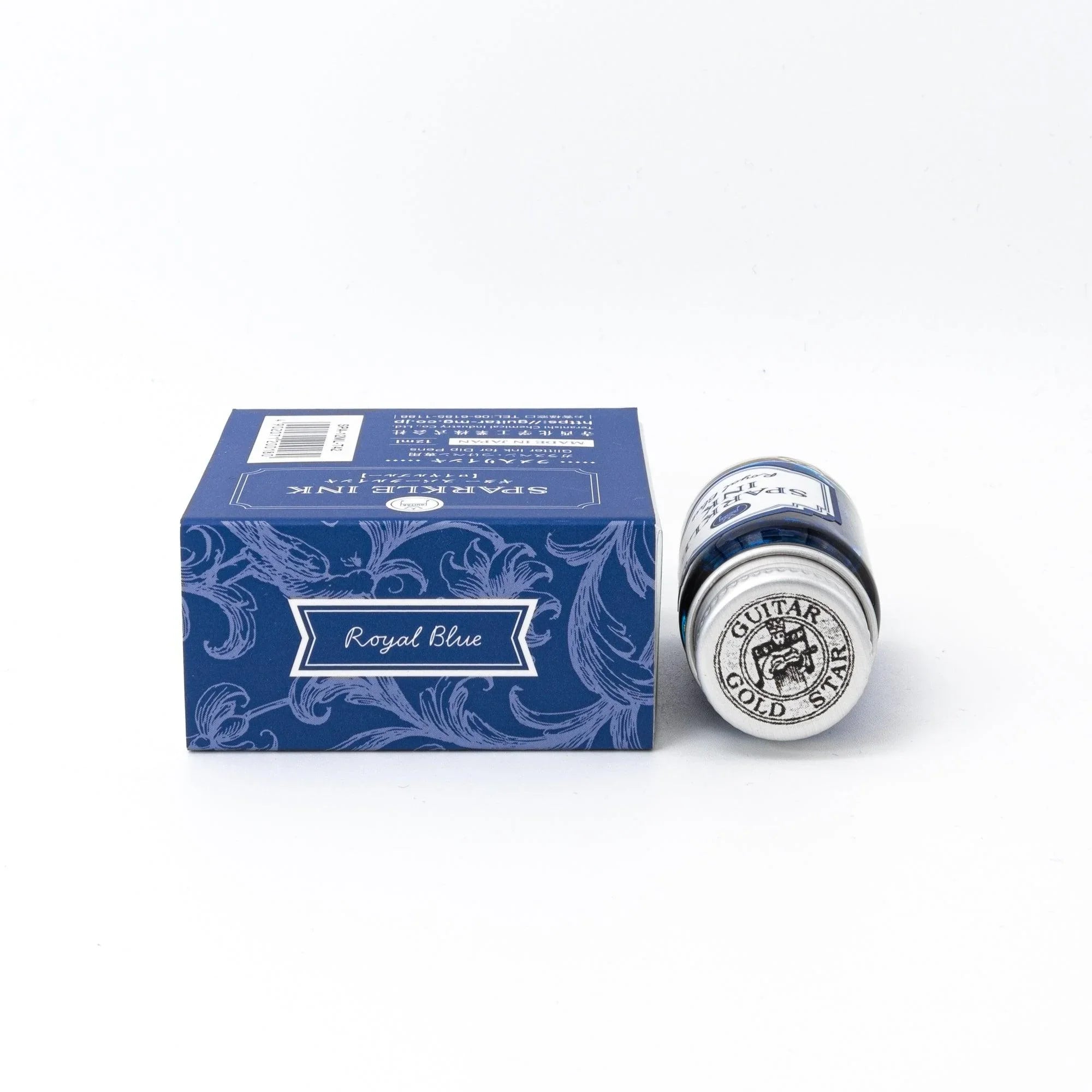Shimmer ink Royal Blue Guitar Sparkle bottle with pearl pigment effect for calligraphy featuring traditional Japanese design