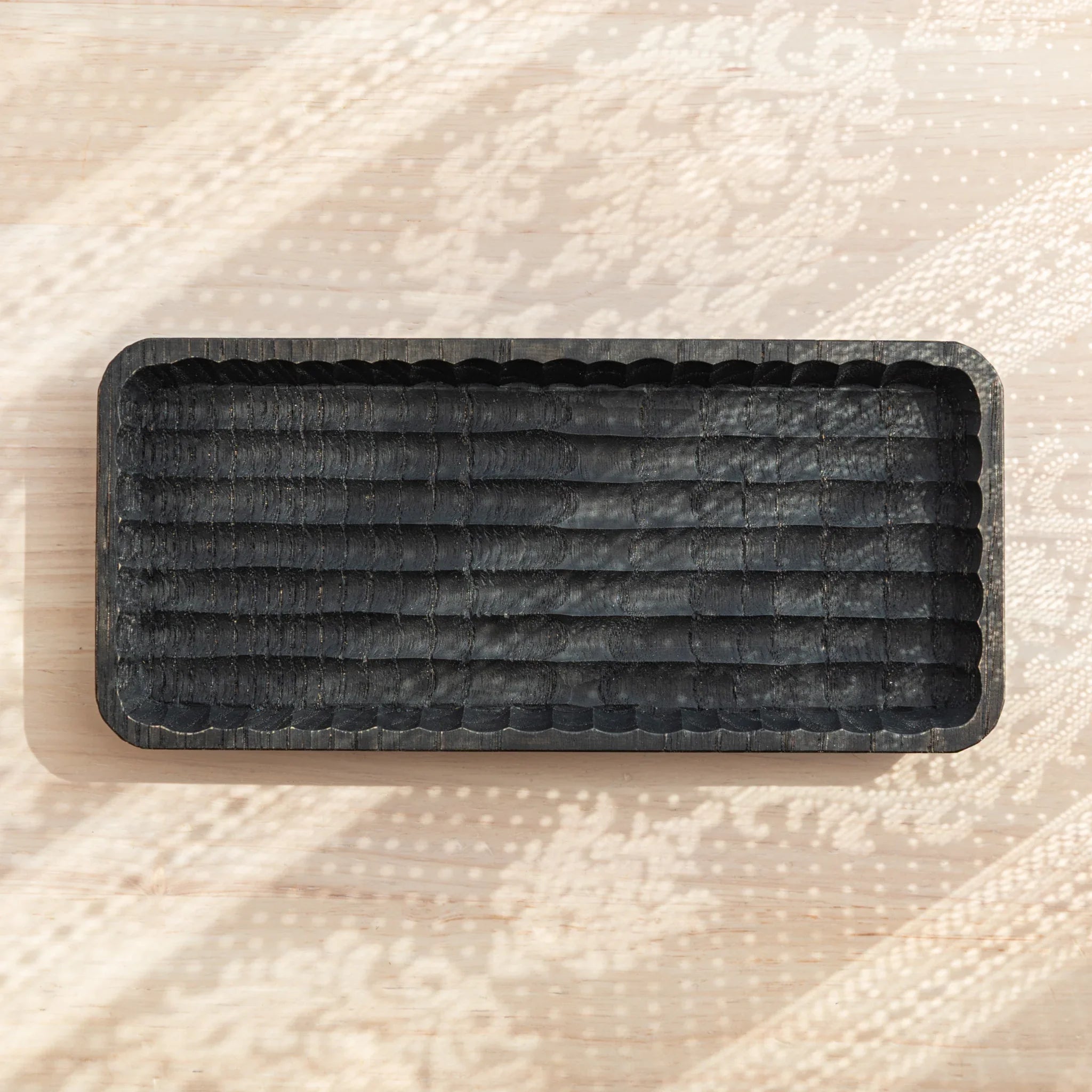 Wagatabon tray with pens positioned shown from different angle view displayed clearly with precise carving detail