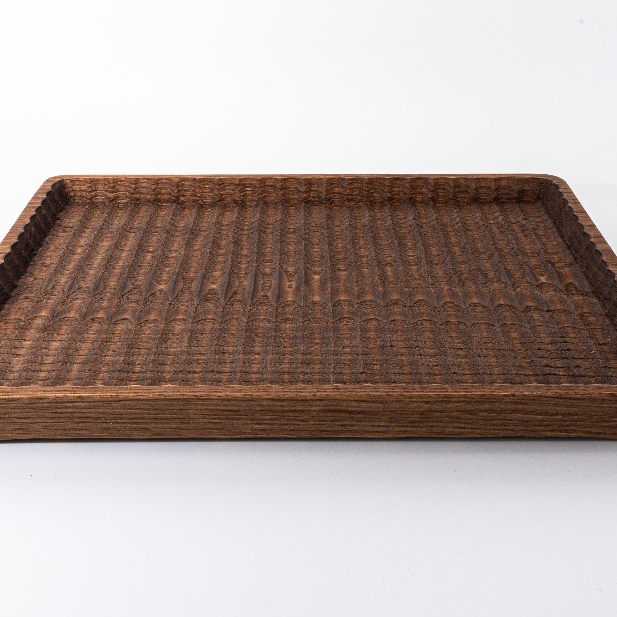 Rectangular wooden pen tray carved from Japanese chestnut with fine ridge pattern throughout with clear visibility of design