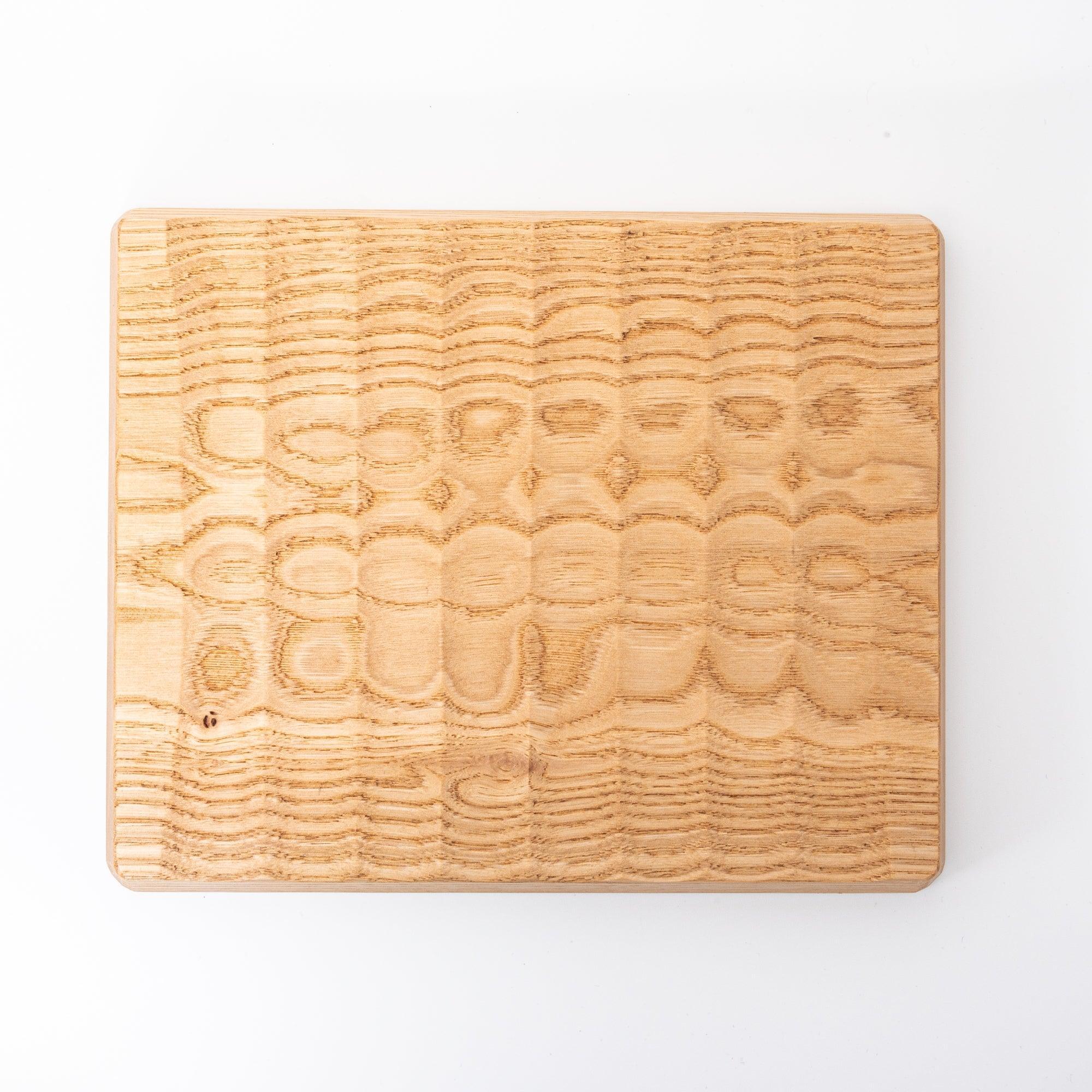 Japanese hand-carved chestnut wood wide pen tray with six pen slots and wave channel carved design, light finish