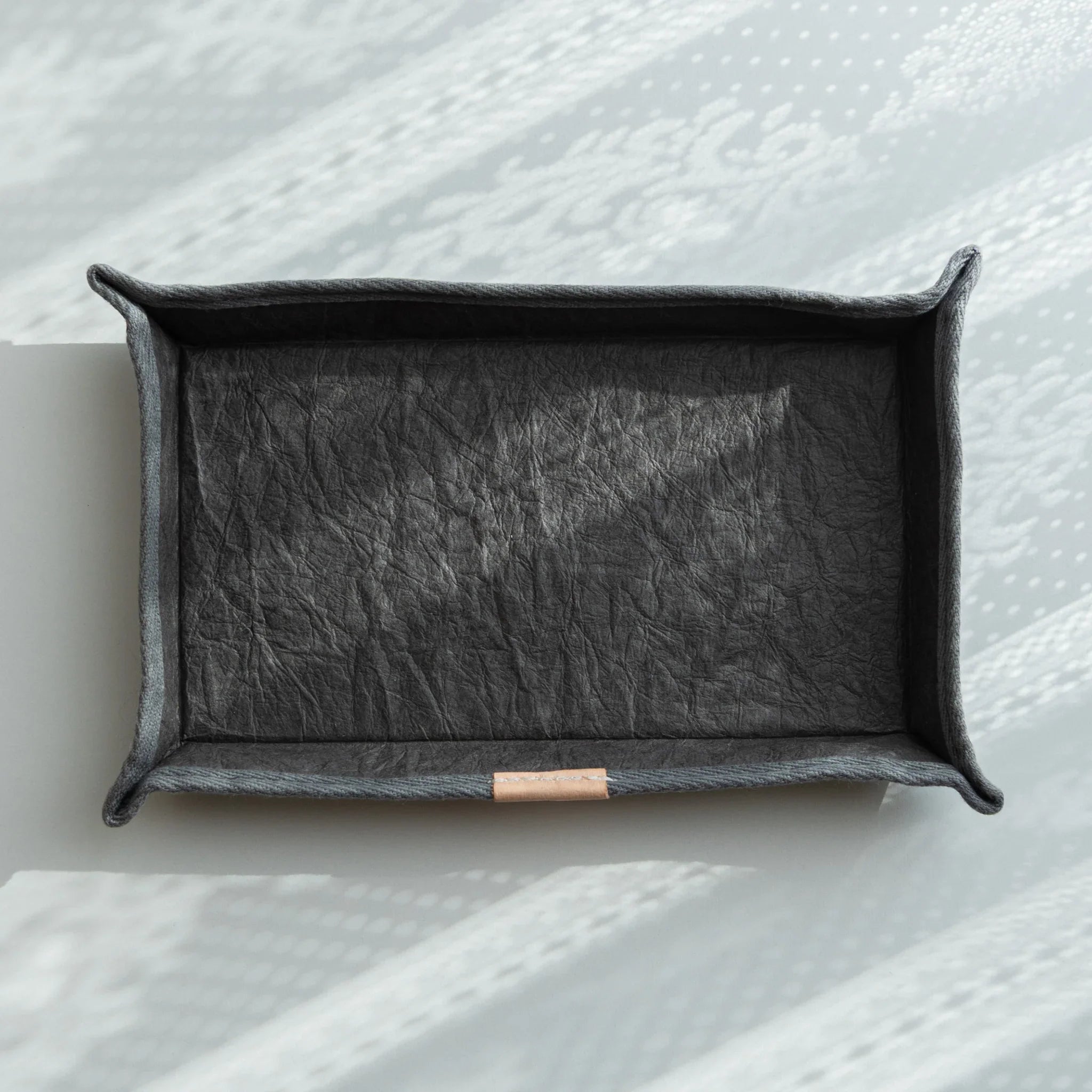 Handcrafted Sugihara Washi Paper Pen Tray gray washi-covered wood with front view of entire tray displayed