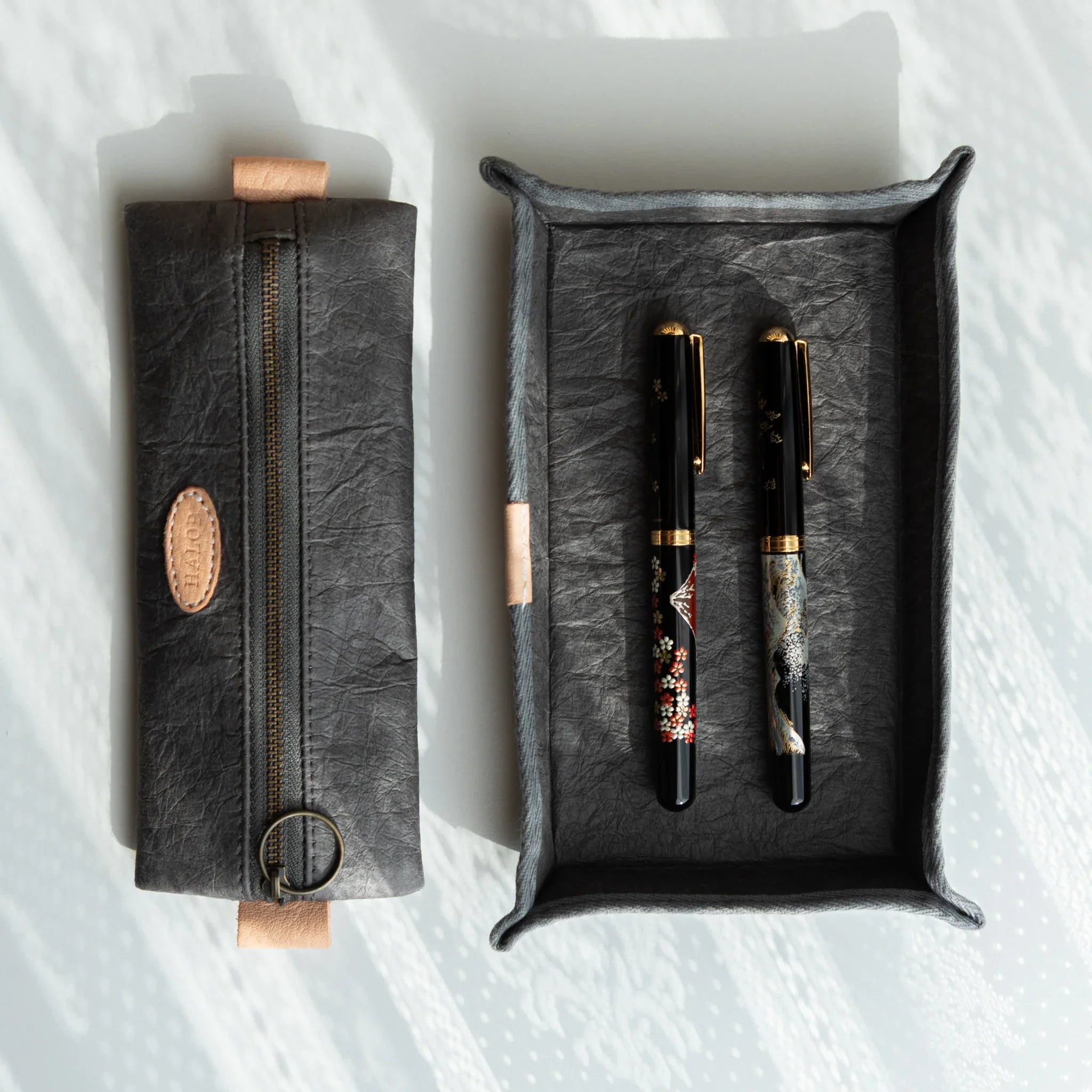 Handcrafted Sugihara Washi Paper Pen Tray gray overhead shot showing full tray with pen placement grooves