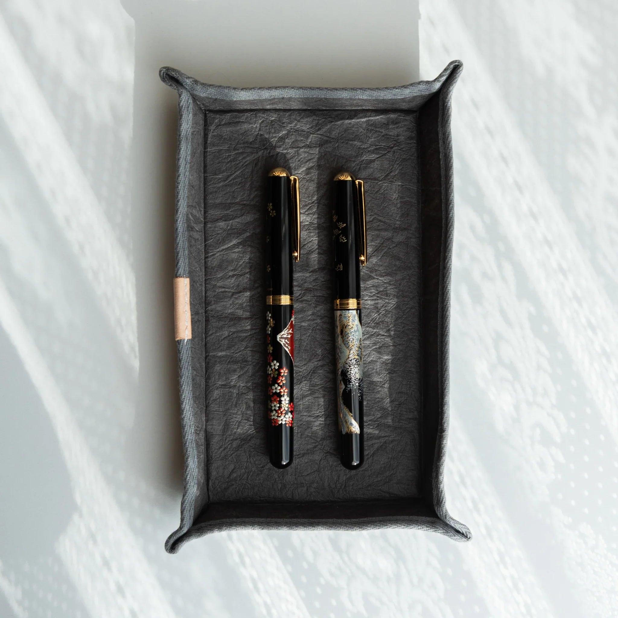 Handcrafted Sugihara Washi Paper Pen Tray gray angled view showing washi paper covering and tray sides