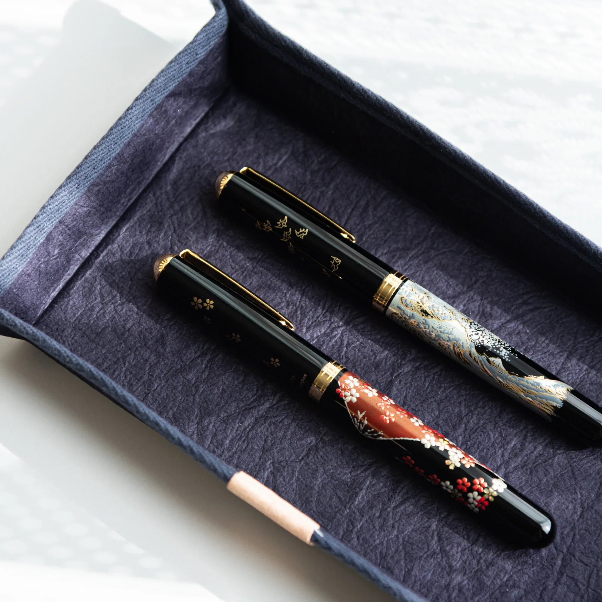 Handcrafted Sugihara Washi Paper Pen Tray purple overhead shot showing full tray with pen placement grooves