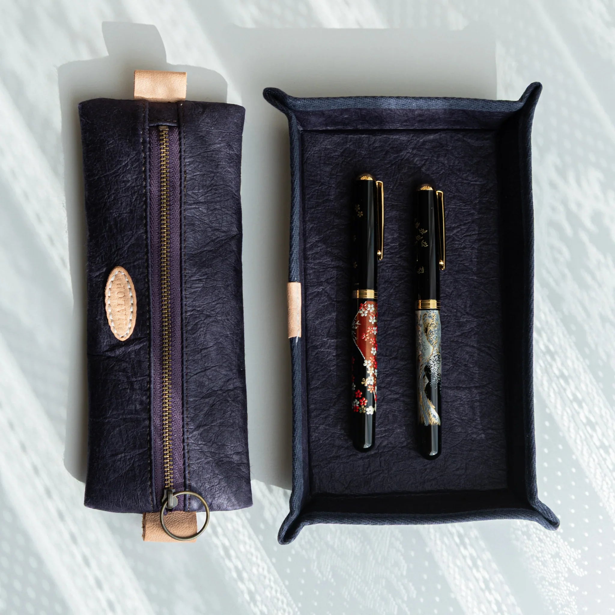 Handcrafted Sugihara Washi Paper Pen Tray purple color assortment showing purple washi tray with pens