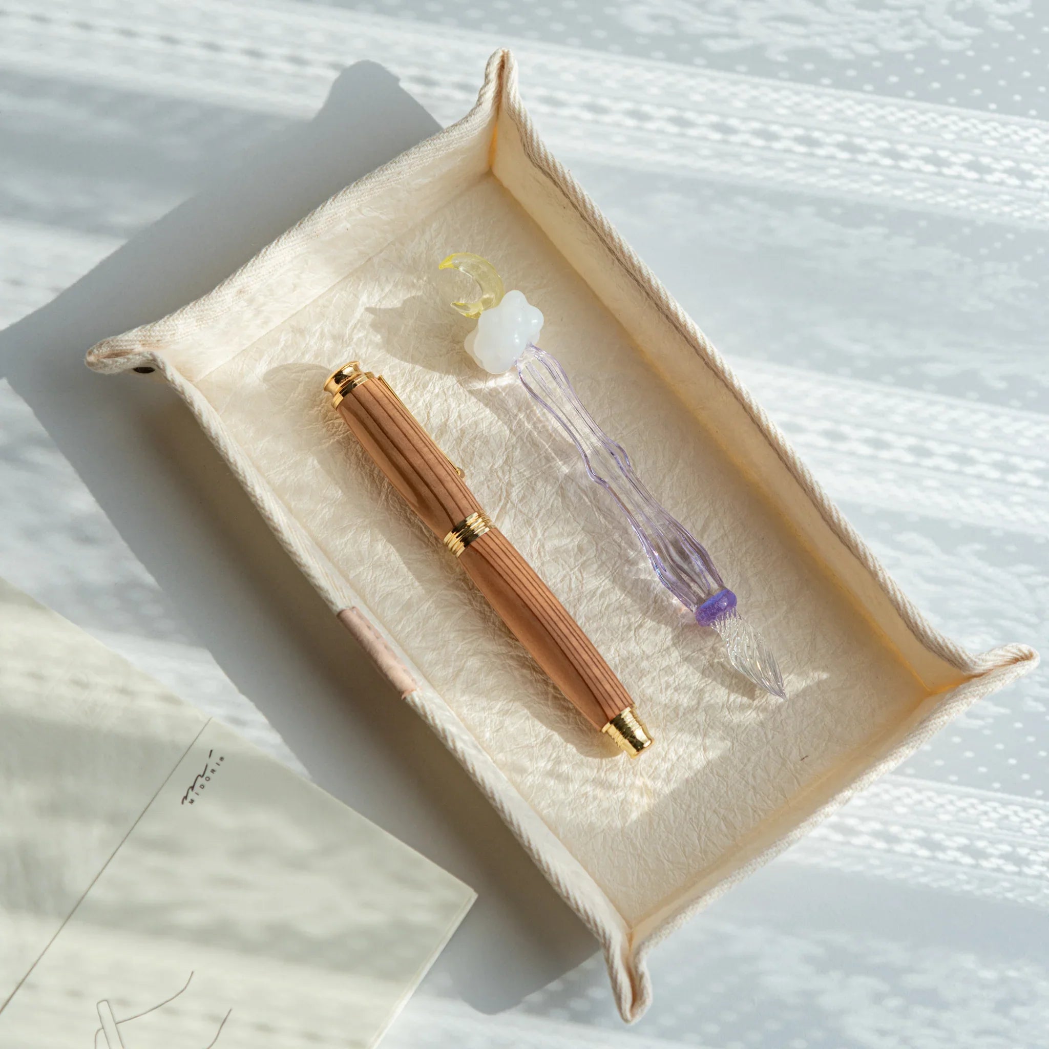 Handcrafted Sugihara Washi Paper Pen Tray white washi-covered wood angled view showing sides and depth