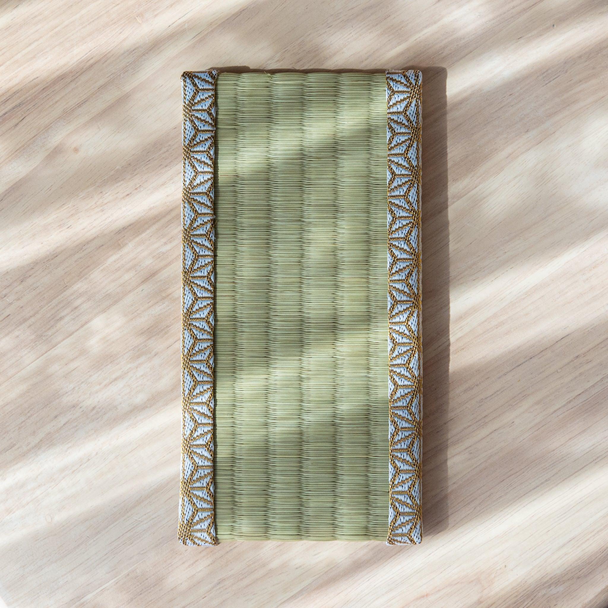 Top view of rectangular hemp leaves tatami pen tray showing woven mat surface and decorative hemp leaf pattern