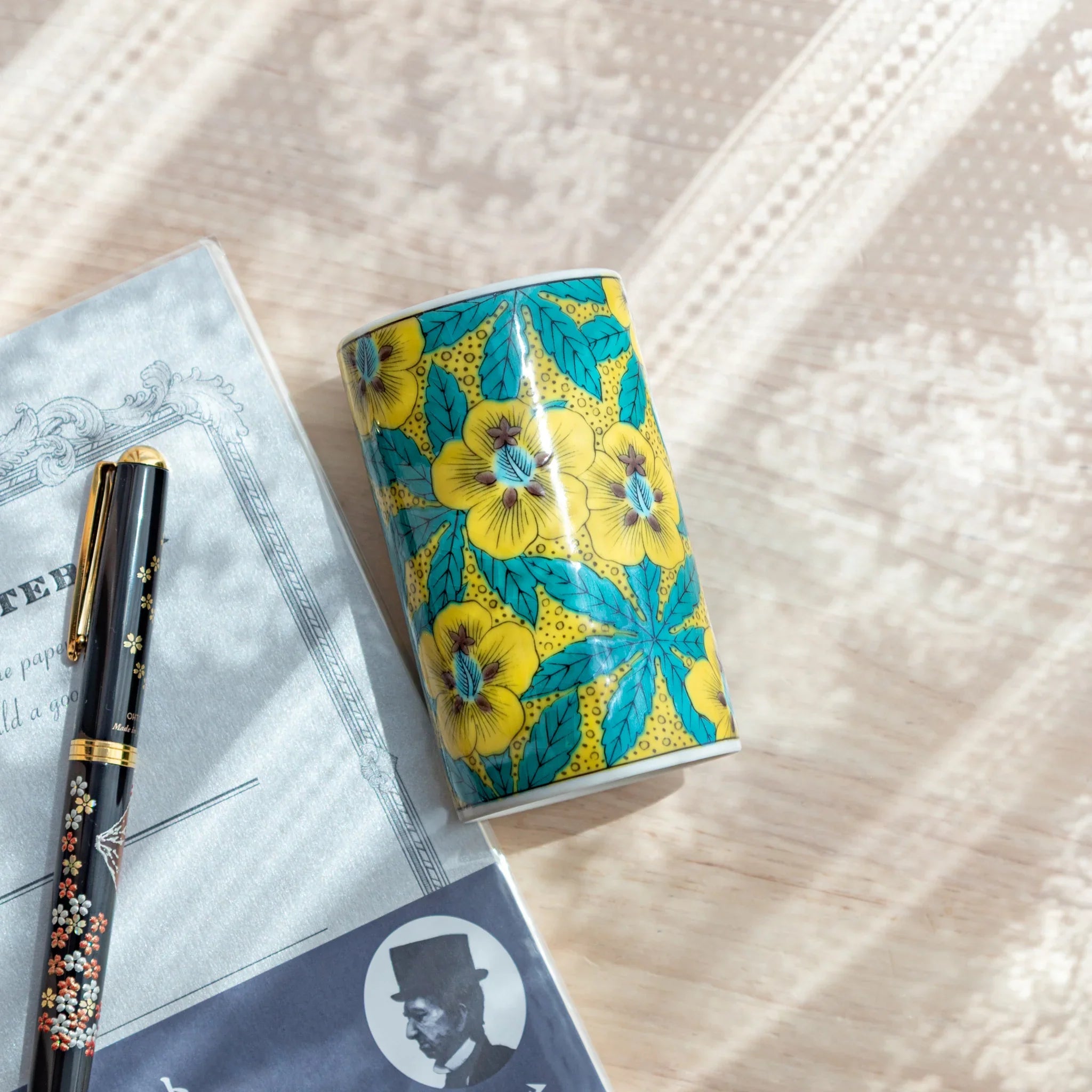 hand-made Kutani ceramic pen holder with hand-painted hollyhock motif in traditional for refined desk organization