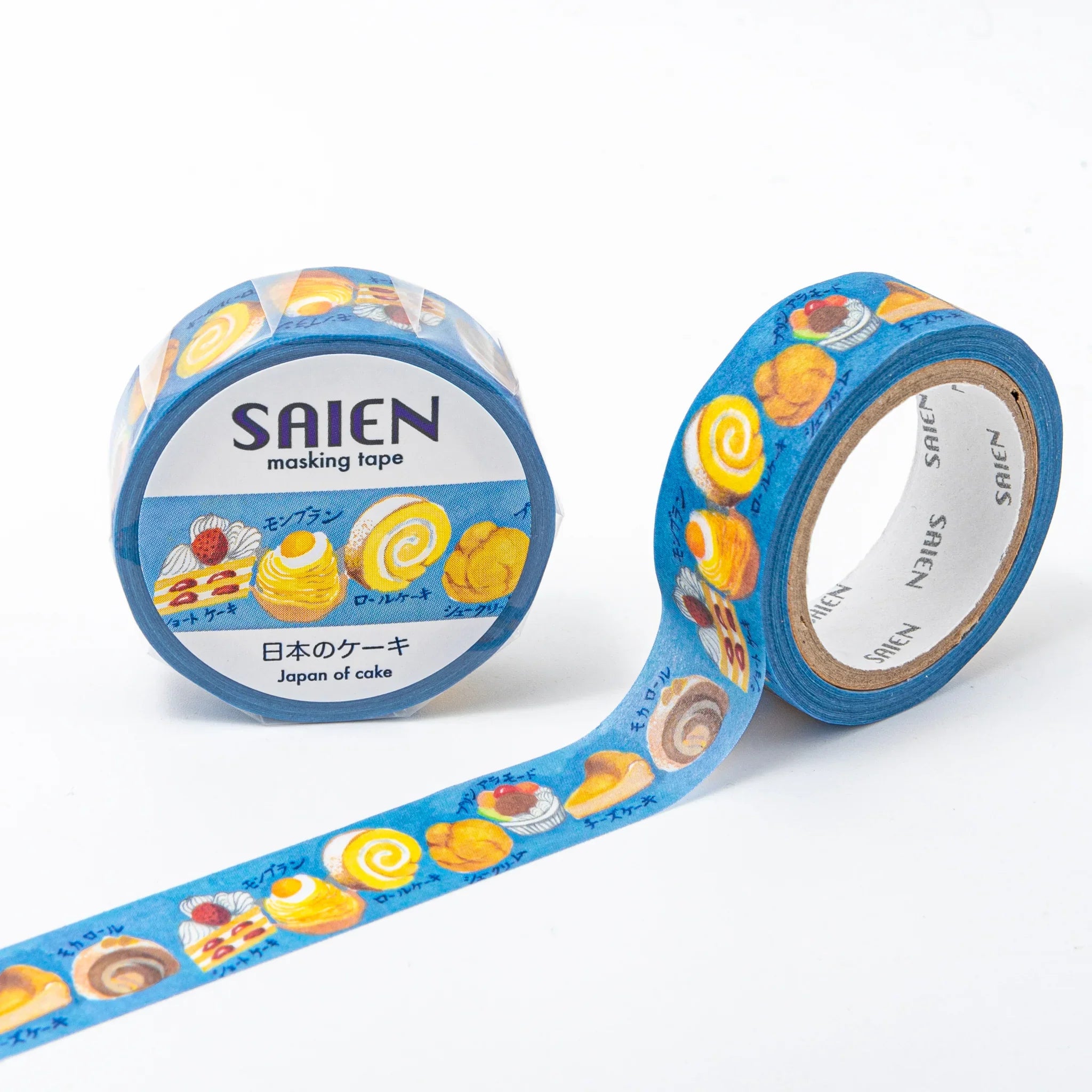 Japanese Cakes Iyo Washi Tape roll showing colorful cake, cookie, and pastry designs on bright blue background