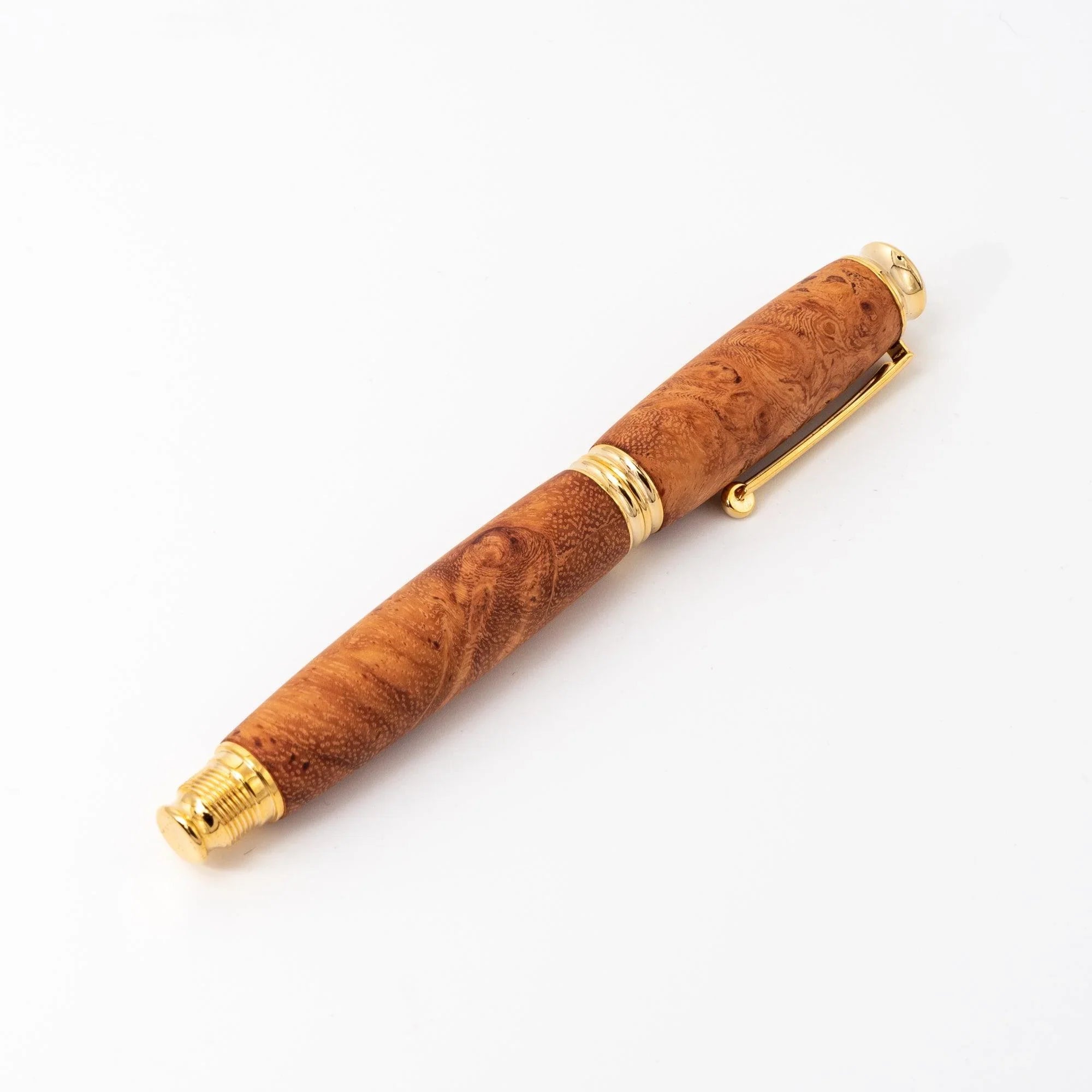Japanese Karin Wood Screw Cap Fountain Pen overhead view displaying natural wood grain pattern and detail