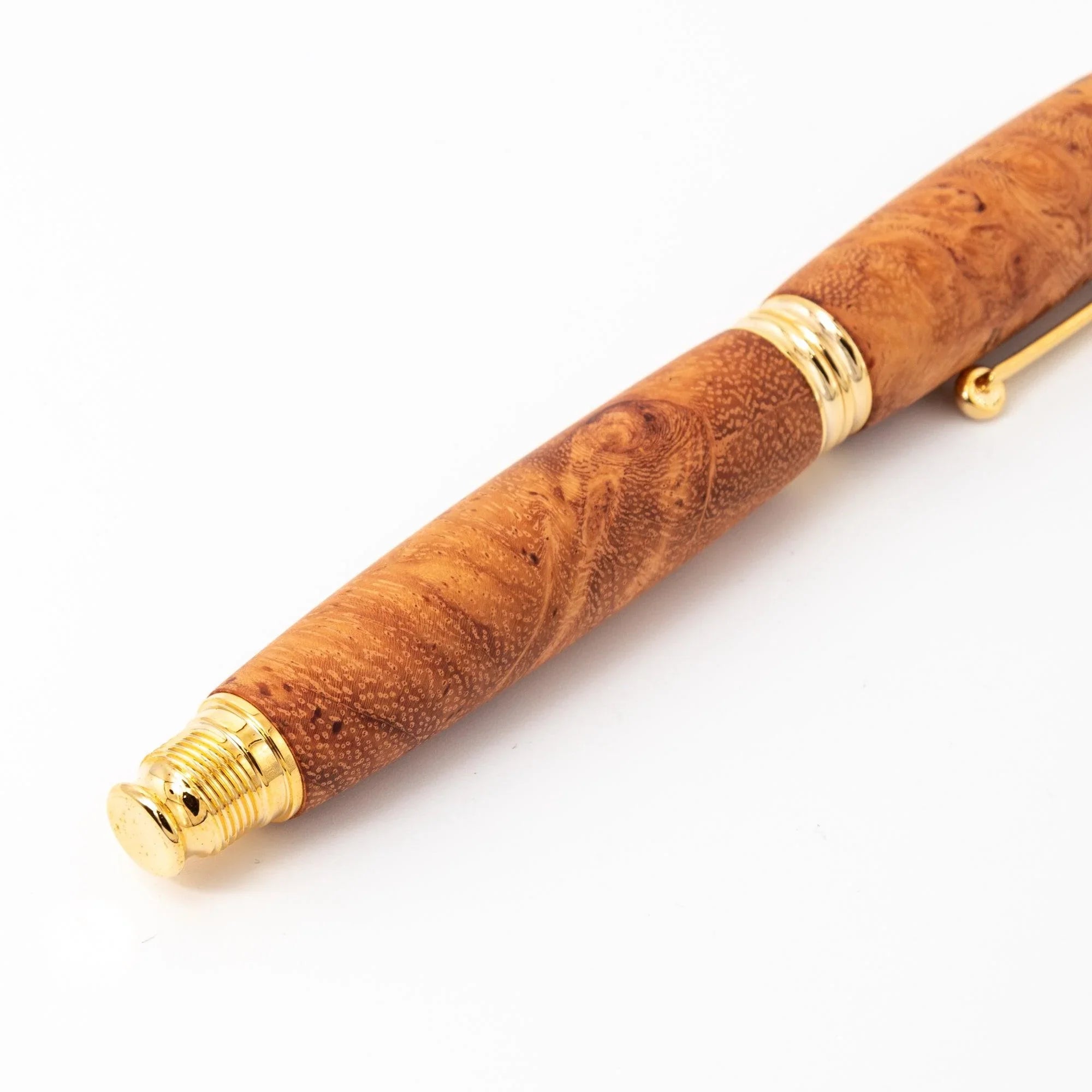 Japanese Karin Wood Screw Cap Fountain Pen three-quarter view showing complete wooden pen design with detail