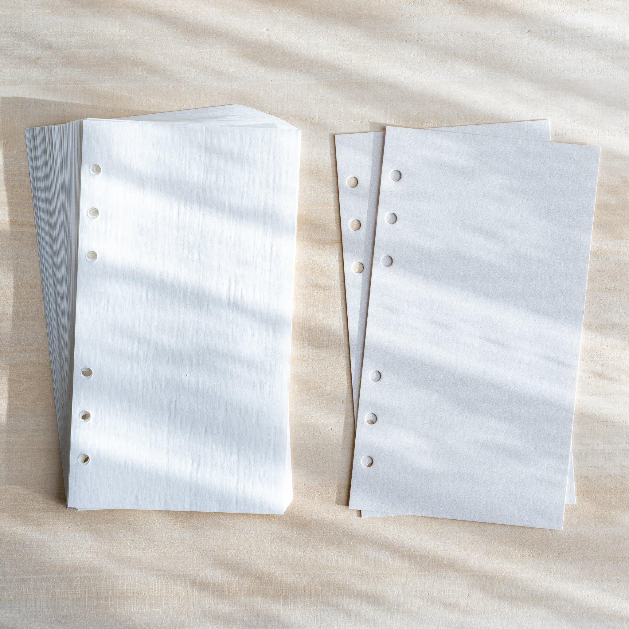 Kate Joe Onion Skin white Bible size refill showing stack of lightweight paper pages quality                  