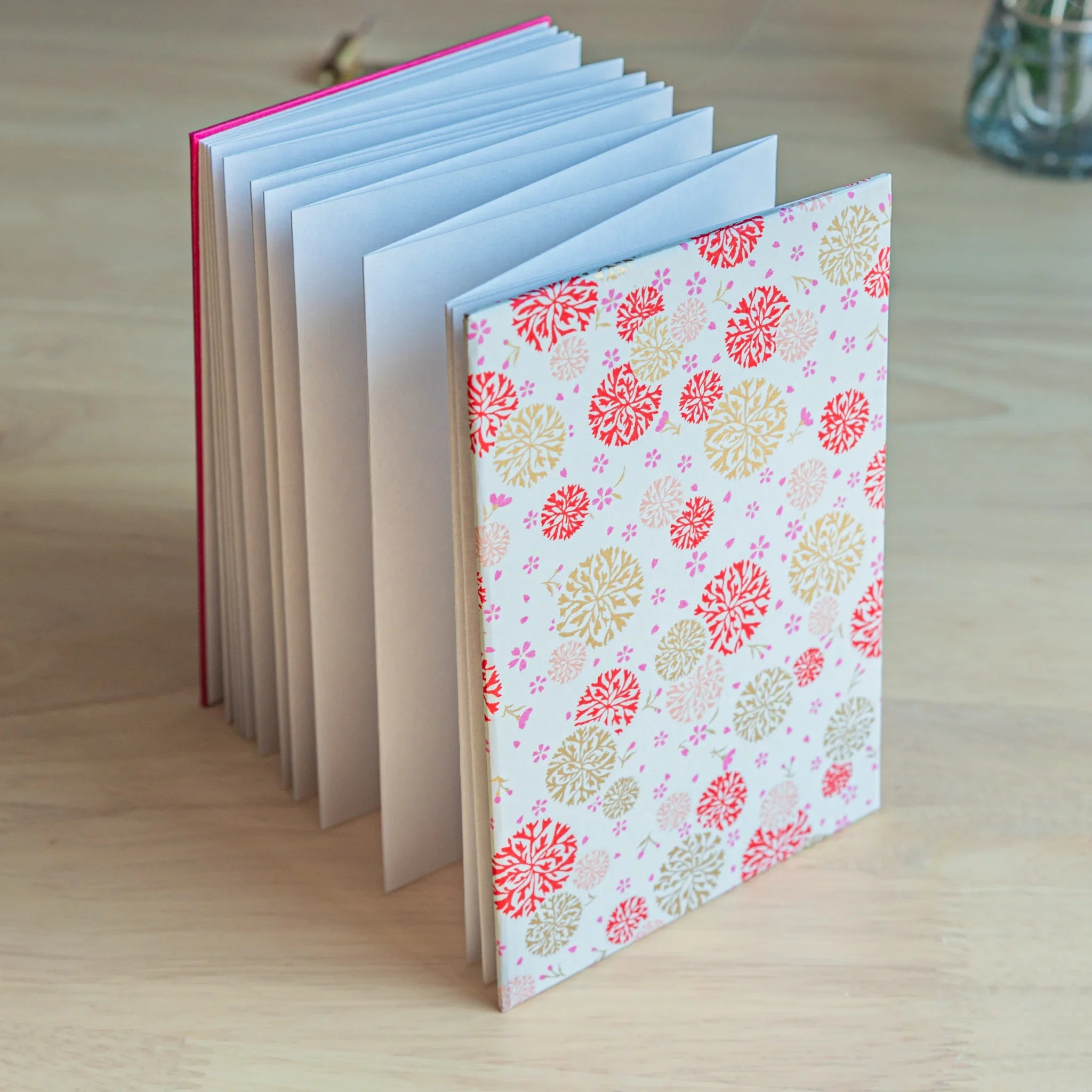Kikka Harmony Washi Goshuincho Stamp Book Red featuring red flowers and decorative vine arrangements