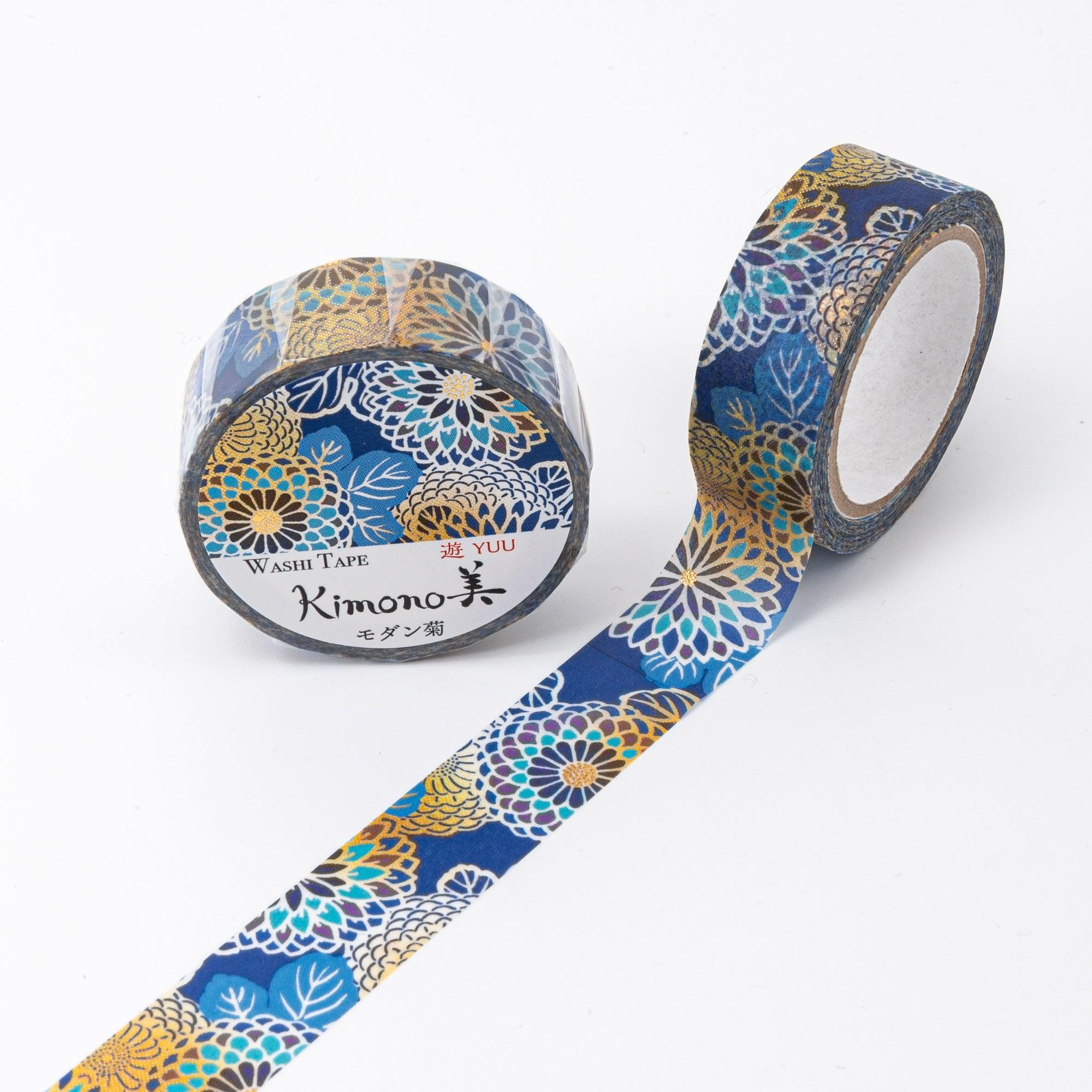 Kimono Beauty Series Blue Chrysanthemum Iyo Washi Tape front view of roll with blue chrysanthemum design