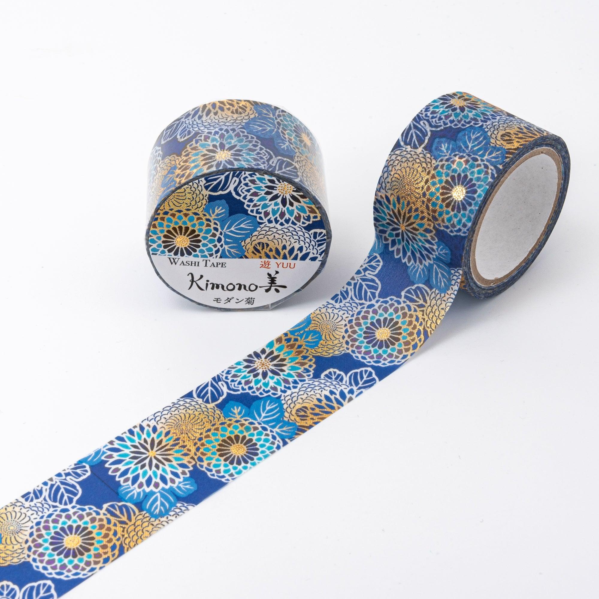 Kimono Beauty Series Blue Chrysanthemum Iyo Washi Tape three-quarter angle showing complete flower design