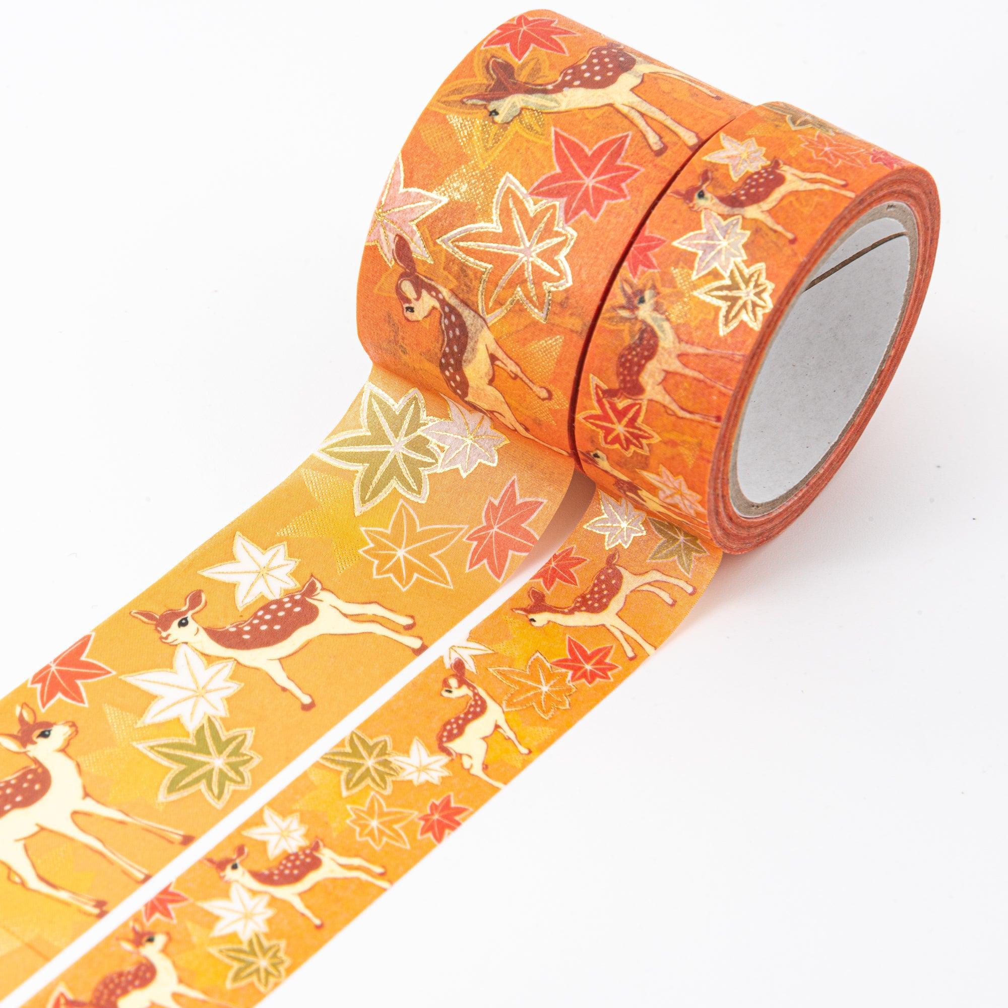 Kimono Beauty Series Deer and Autumn Leaves Iyo Washi Tape overhead view showing repeated deer pattern design
