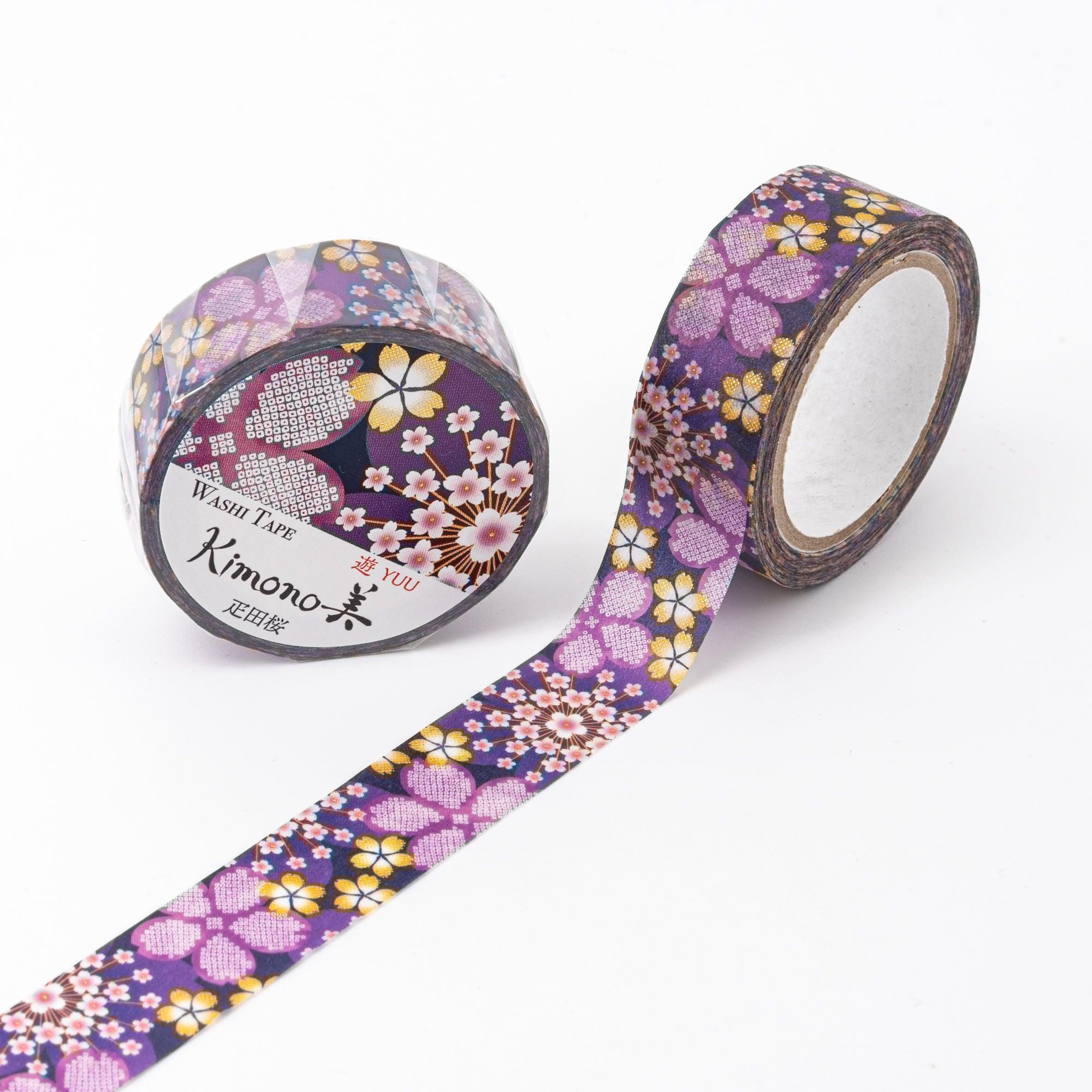 Kimono Beauty Series Hikita Sakura Iyo Washi Tape front view of roll with delicate cherry blossom illustrations