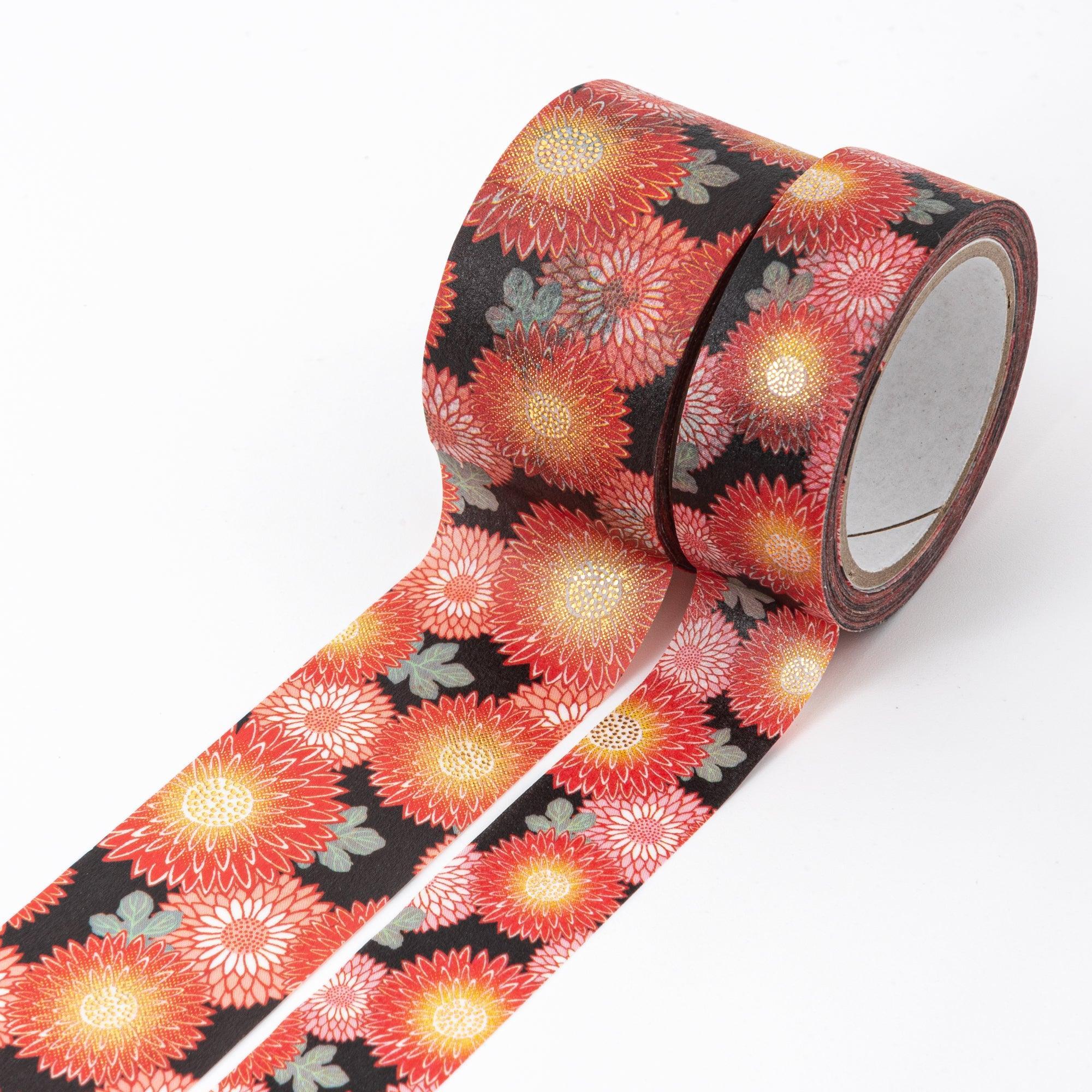 Japanese Kimono Beauty Iyo washi tape, roll showing traditional chrysanthemum textile design pattern