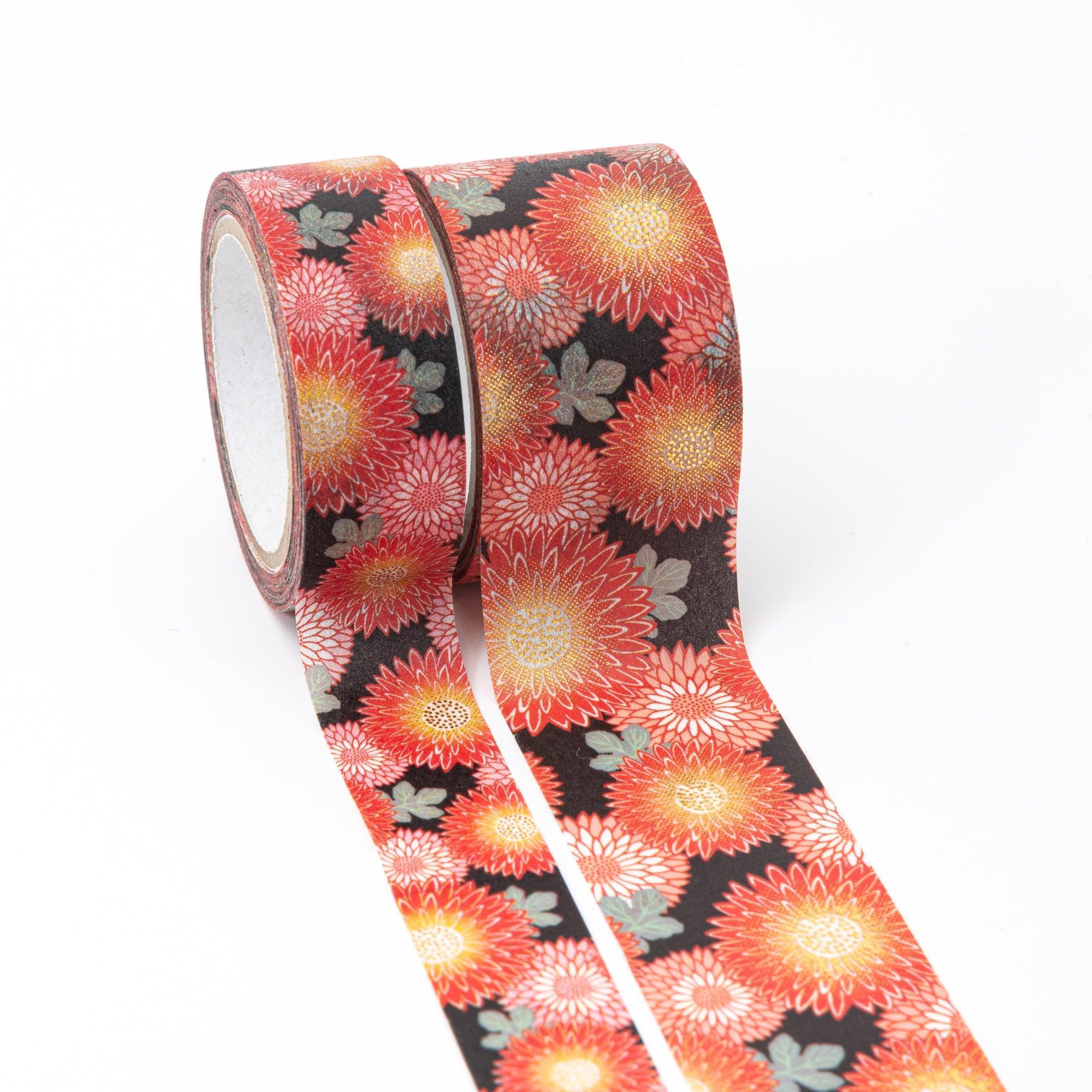 Kimono Beauty Chrysanthemum Iyo washi tape roll, opened spool with traditional pattern detail visible
