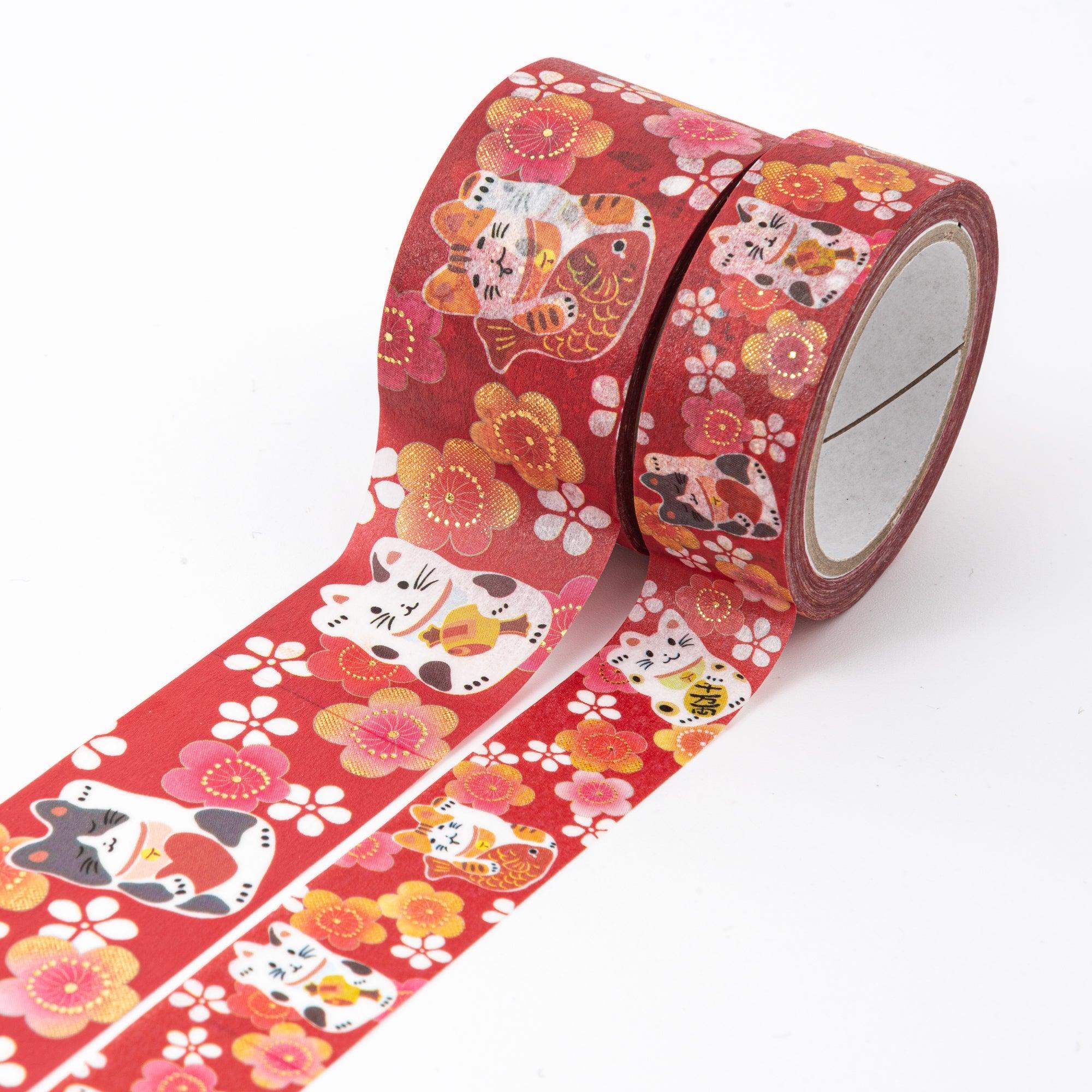 Kimono Beauty Series Maneki Neko Iyo Washi Tape overhead view displaying repeated lucky fortune cat pattern