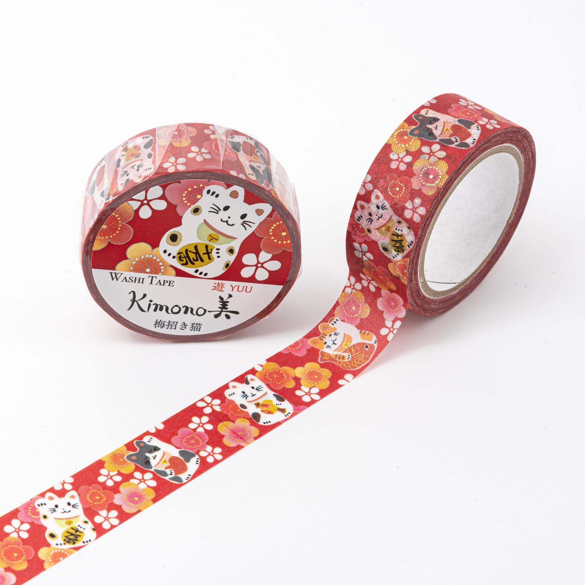 Kimono Beauty Series Maneki Neko Iyo Washi Tape front view of roll with waving fortune cat design illustrated