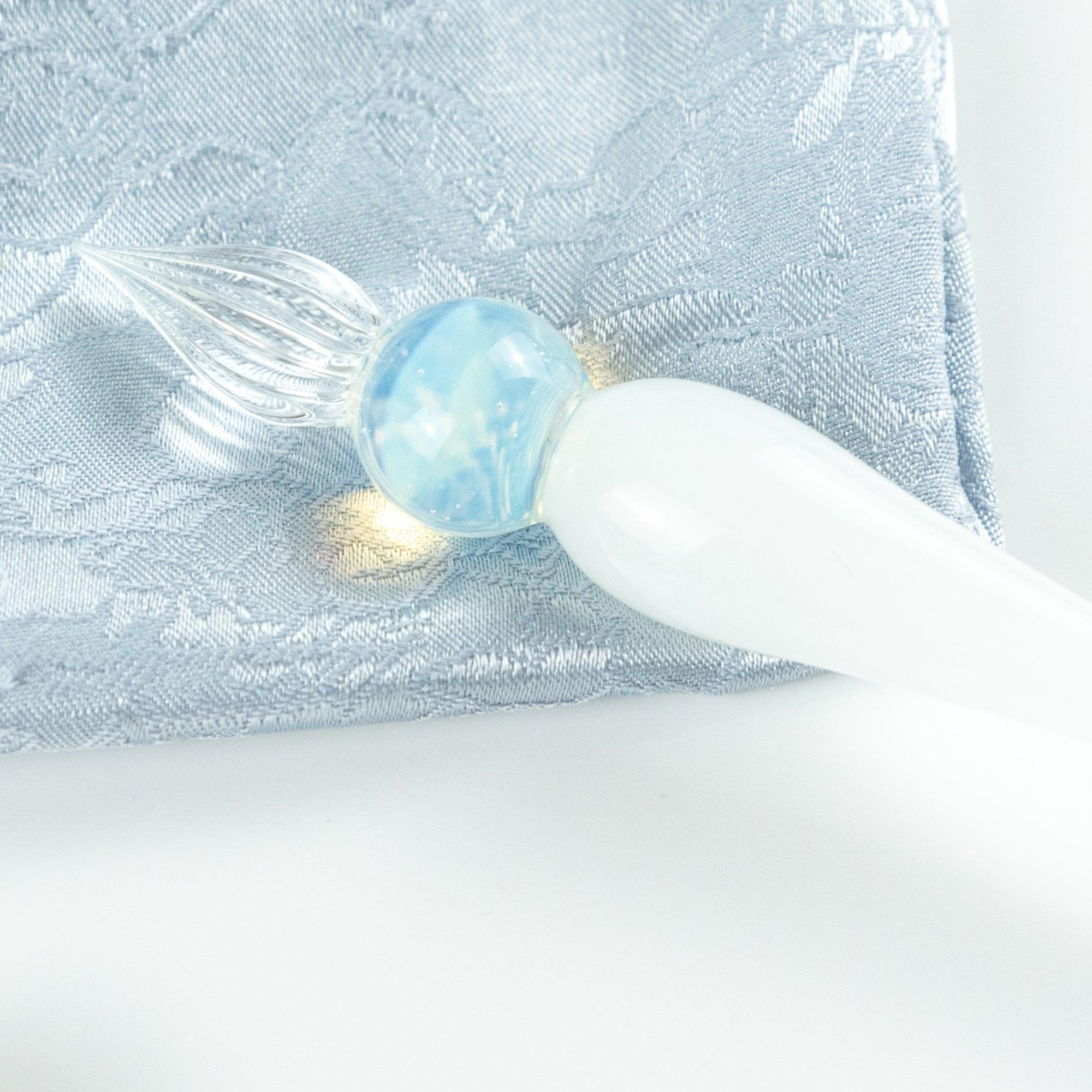 hand-blown white glass dip pen features regal scepter-inspired sculptural artistic form hand-made