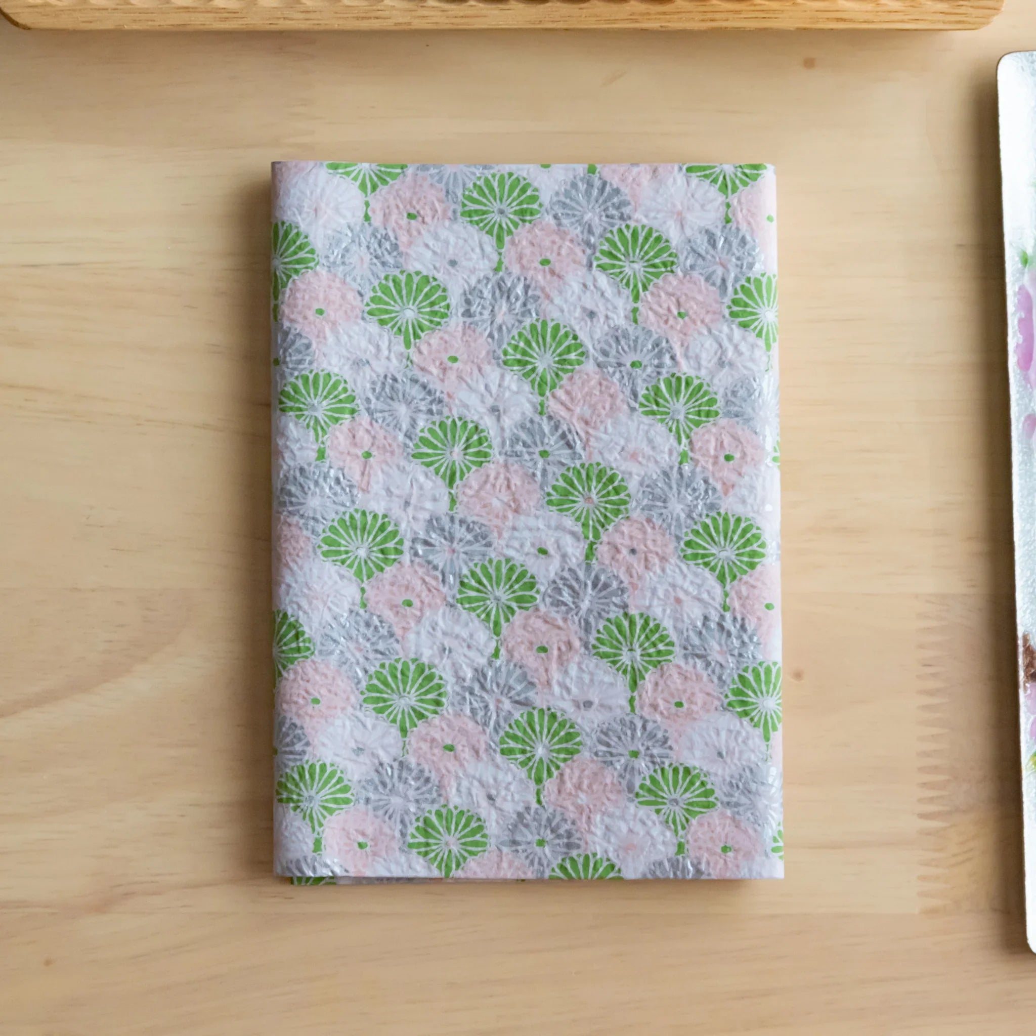 Lavender Mist Pastel Chrysanthemum Hand-Dyed Yuzen Washi Book Cover (A6), front view with product styling