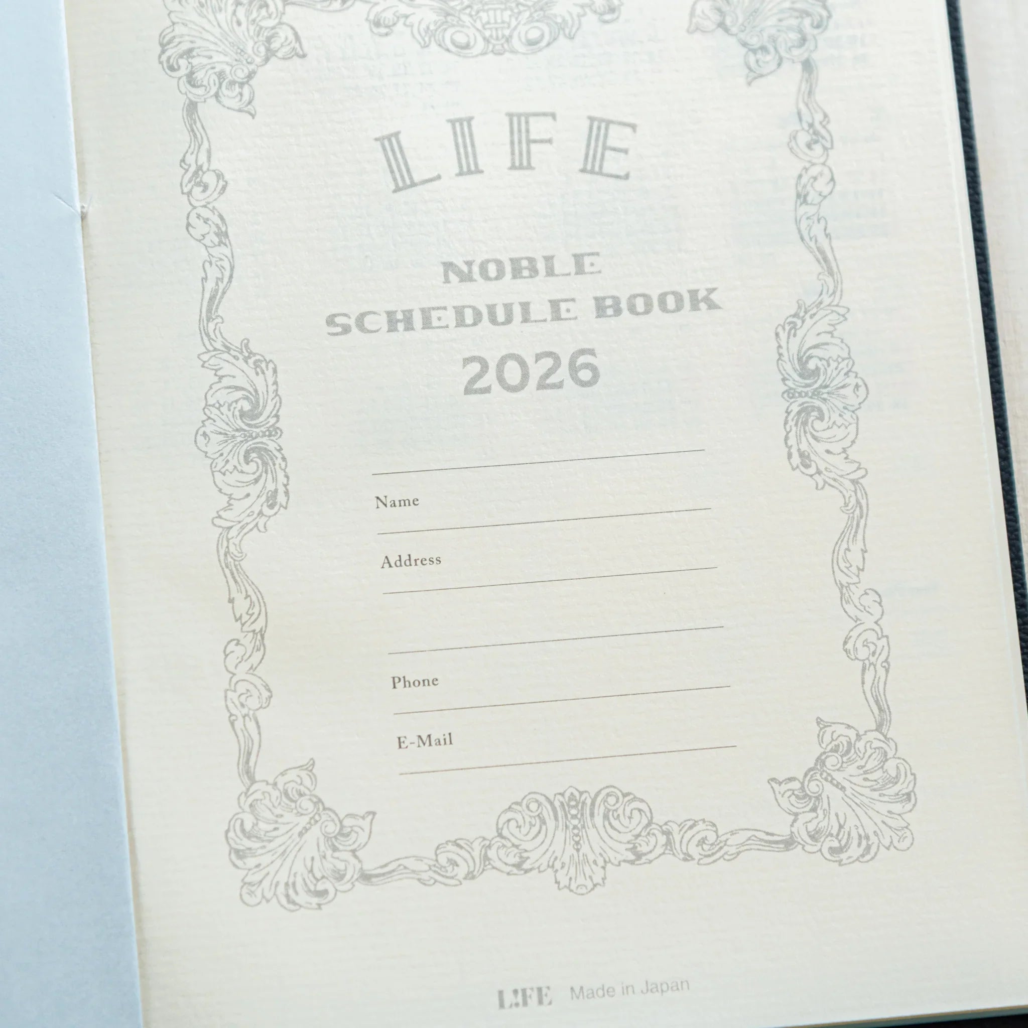 Life Noble 2026 planning notebook featuring charcoal, product shot showing embossed text                      