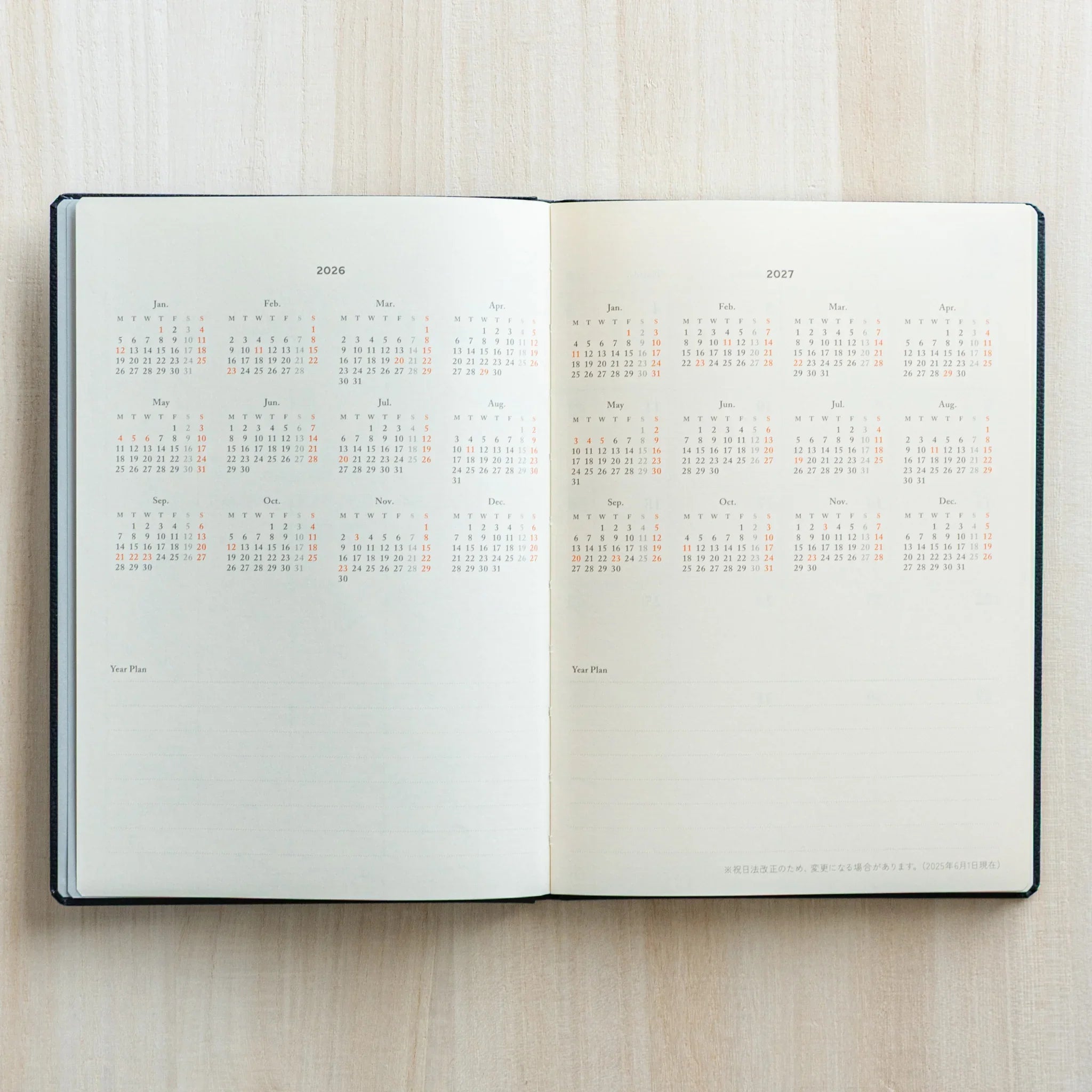 Life Noble 2026 hardcover planner in black leather, product shot with leather, Japanese LIFE brand hardcover planner with cre