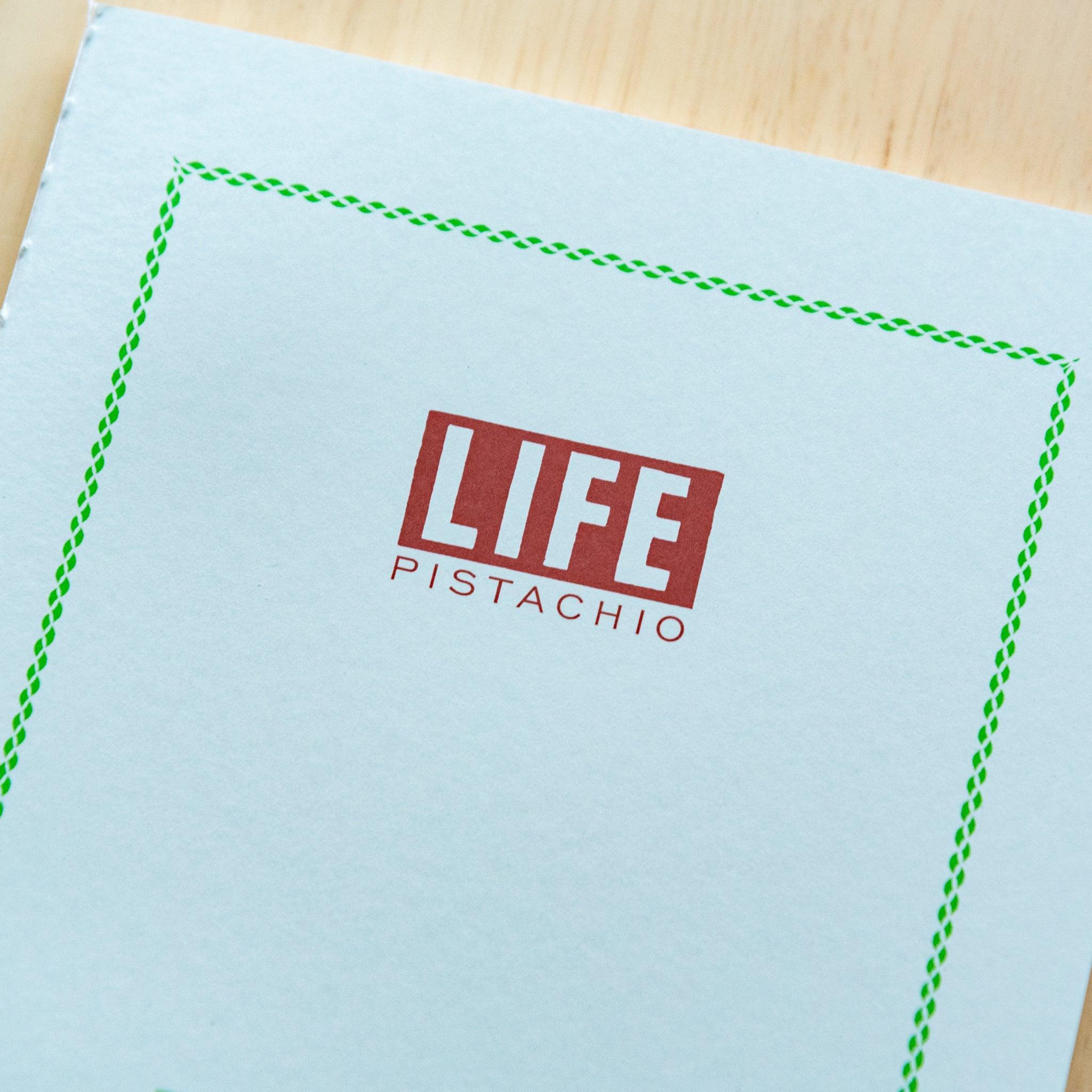 Pistachio-colored LIFE A5 journal with pages, individual page spread demonstration and texture, LIFE Japan