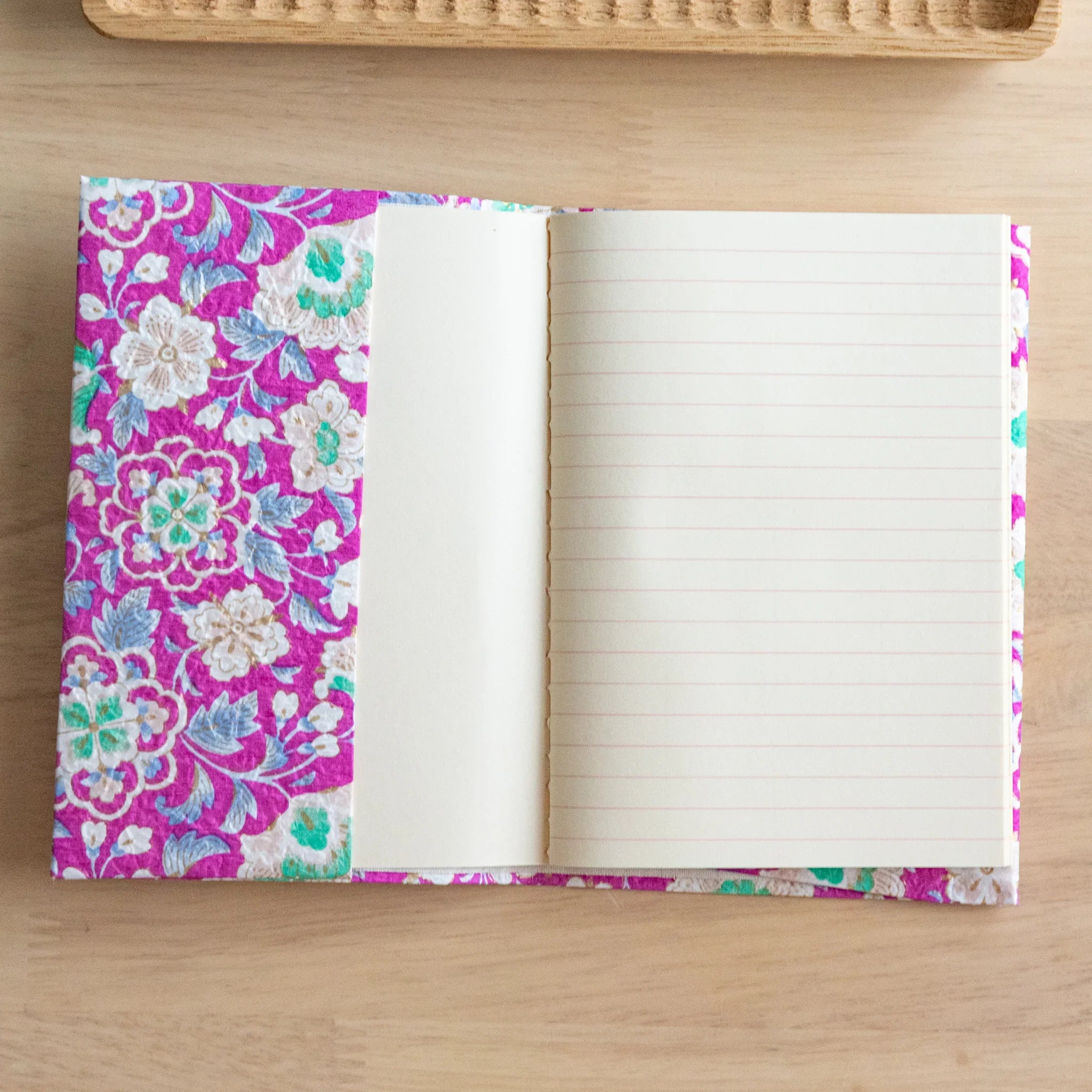 Magenta Garden hand-dyed yuzen washi book cover with rich pink tones and intricate traditional Japanese textile patterns