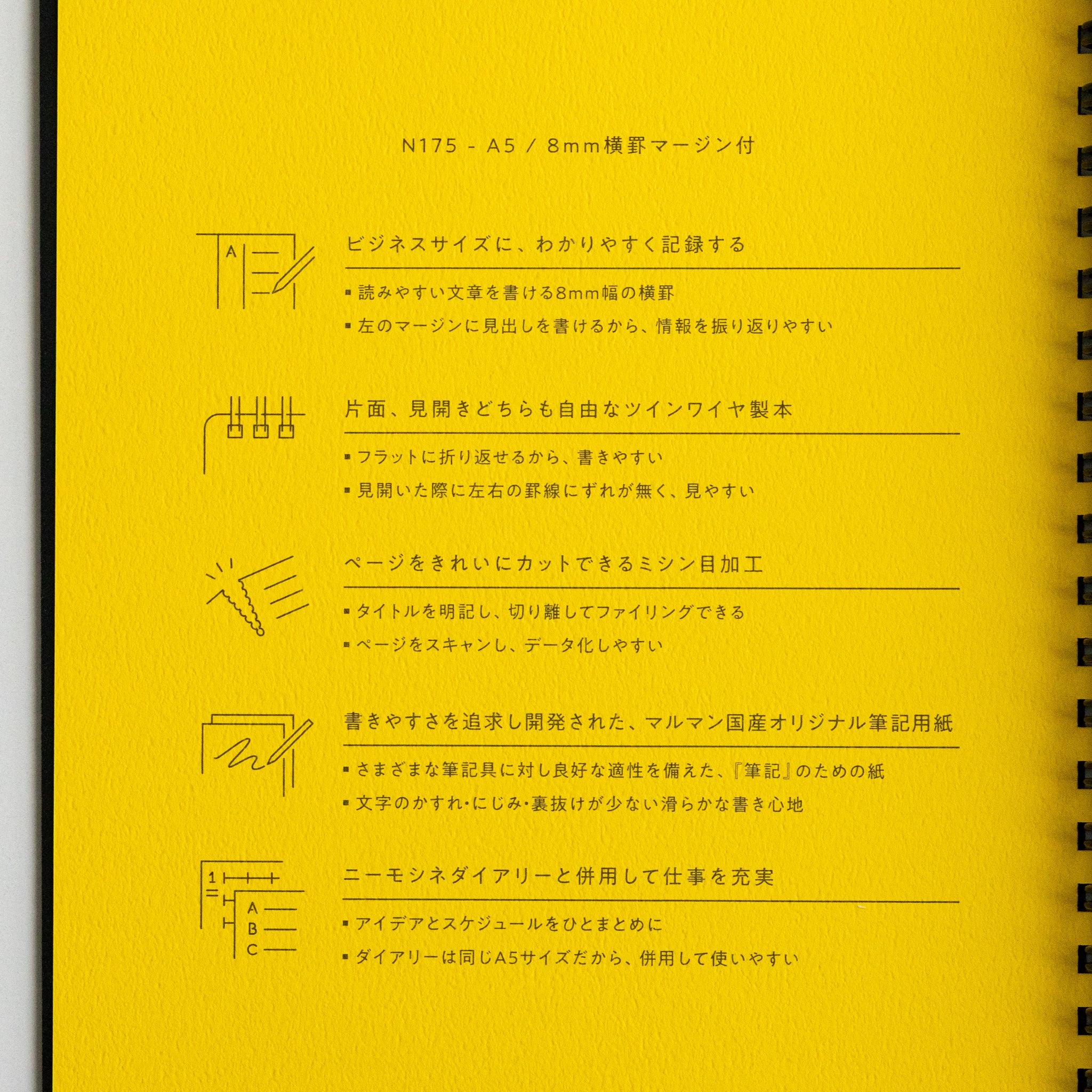 Maruman Mnemosyne notebook, side view showing notebook binding, Mnemosyne Japanese notepad with detachable sheets and quality