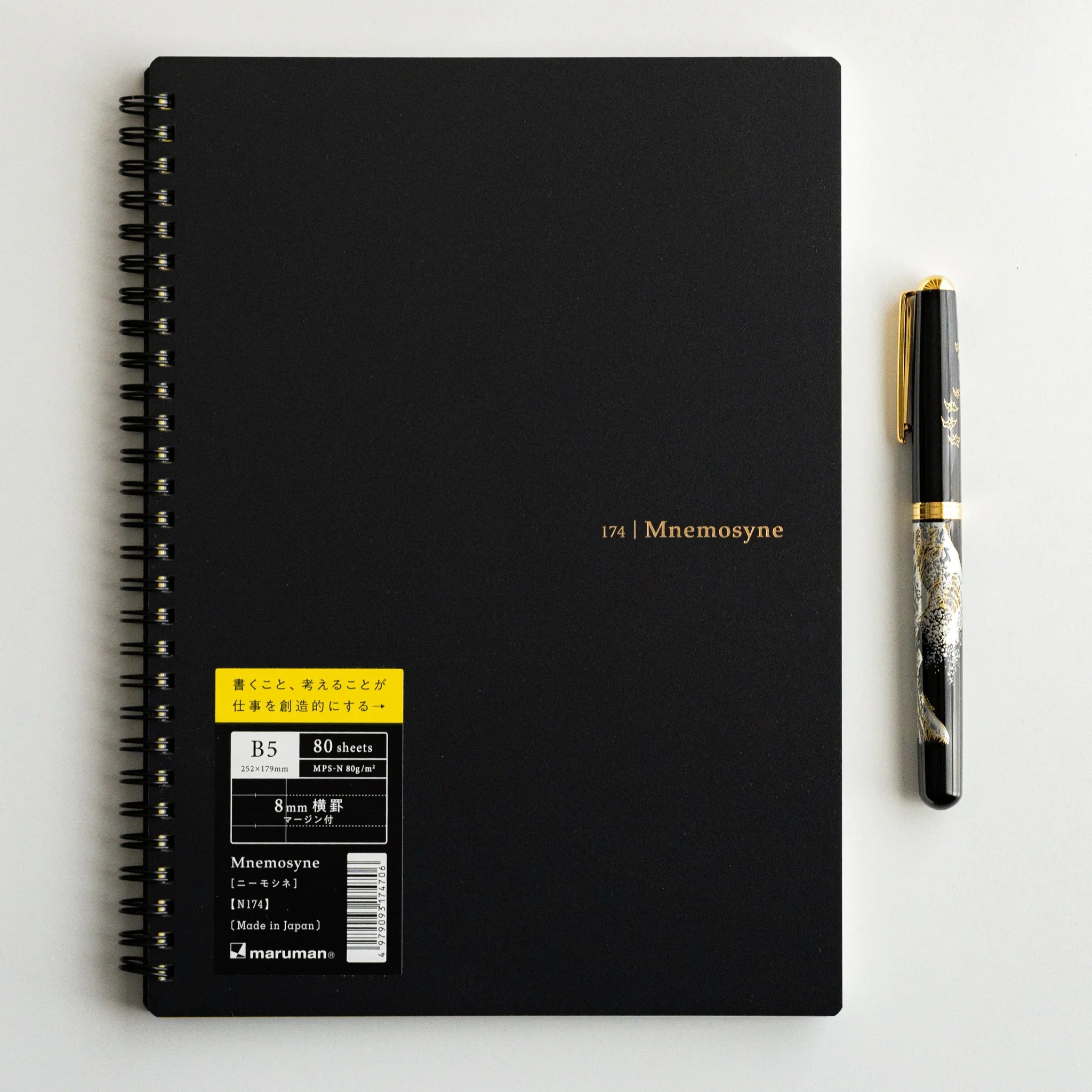 Maruman Mnemosyne notebook, angled composition highlighting line ruling, Mnemosyne Japanese notepad with detachable sheets