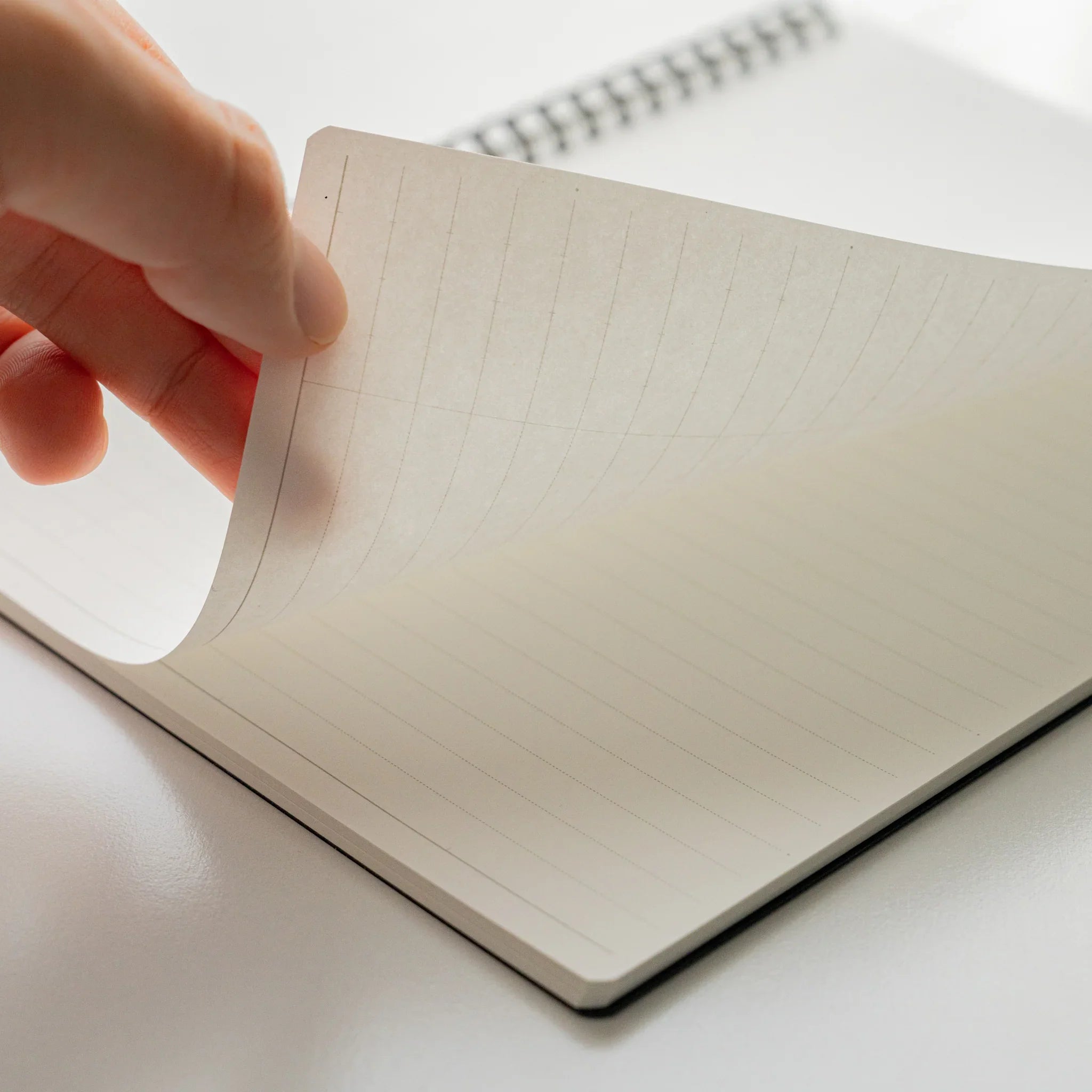 Maruman Mnemosyne notebook, opened showing line layout detail, Mnemosyne Japanese notepad with detachable sheets and quality