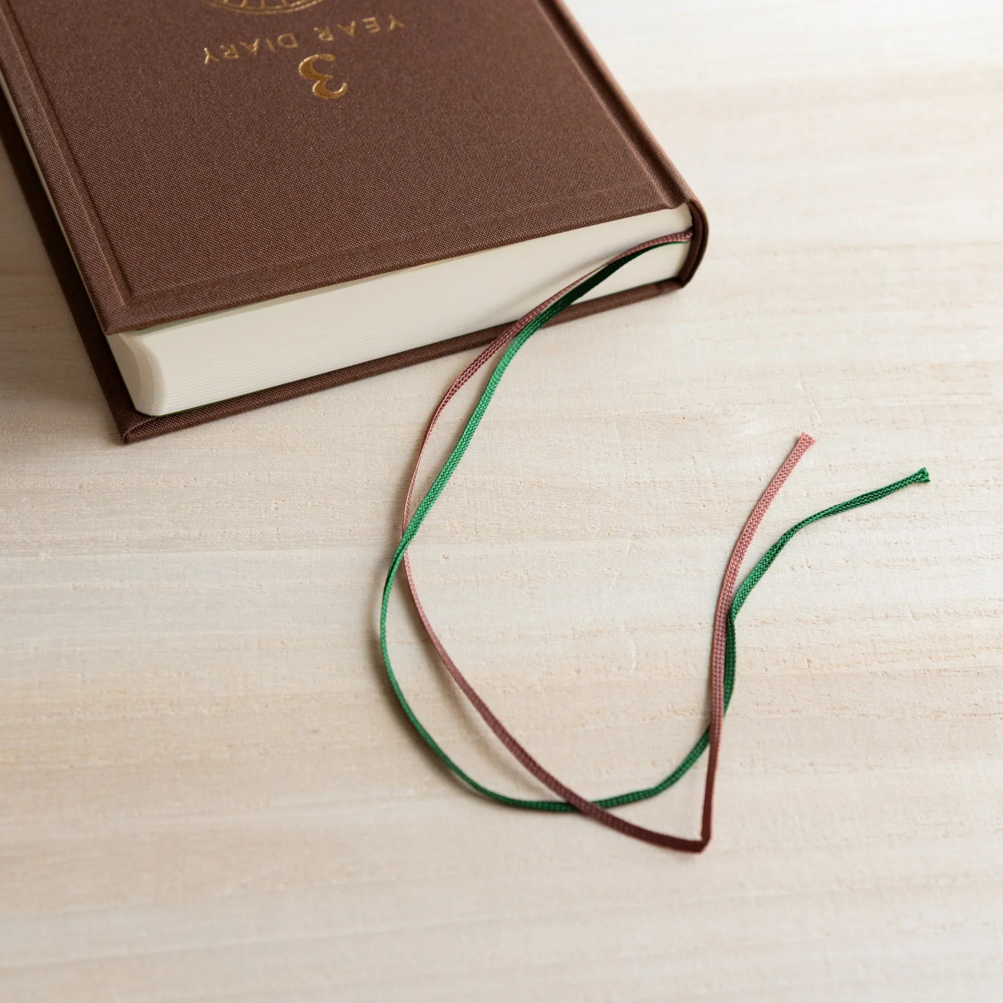Midori 3-year journal, detail showing ribbon bookmark and binding, Midori 3-year journal with embossed cover for long-term