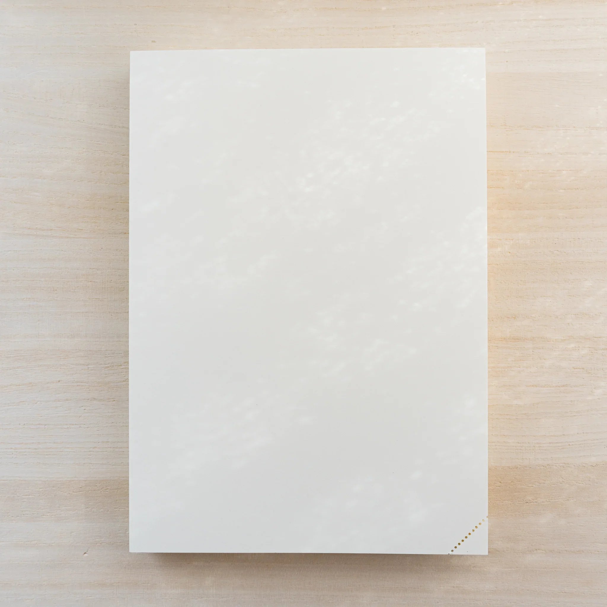Midori MD Notebook Journal Dot Grid, plain blank cream cover with gold dots at lower corner, on light wood